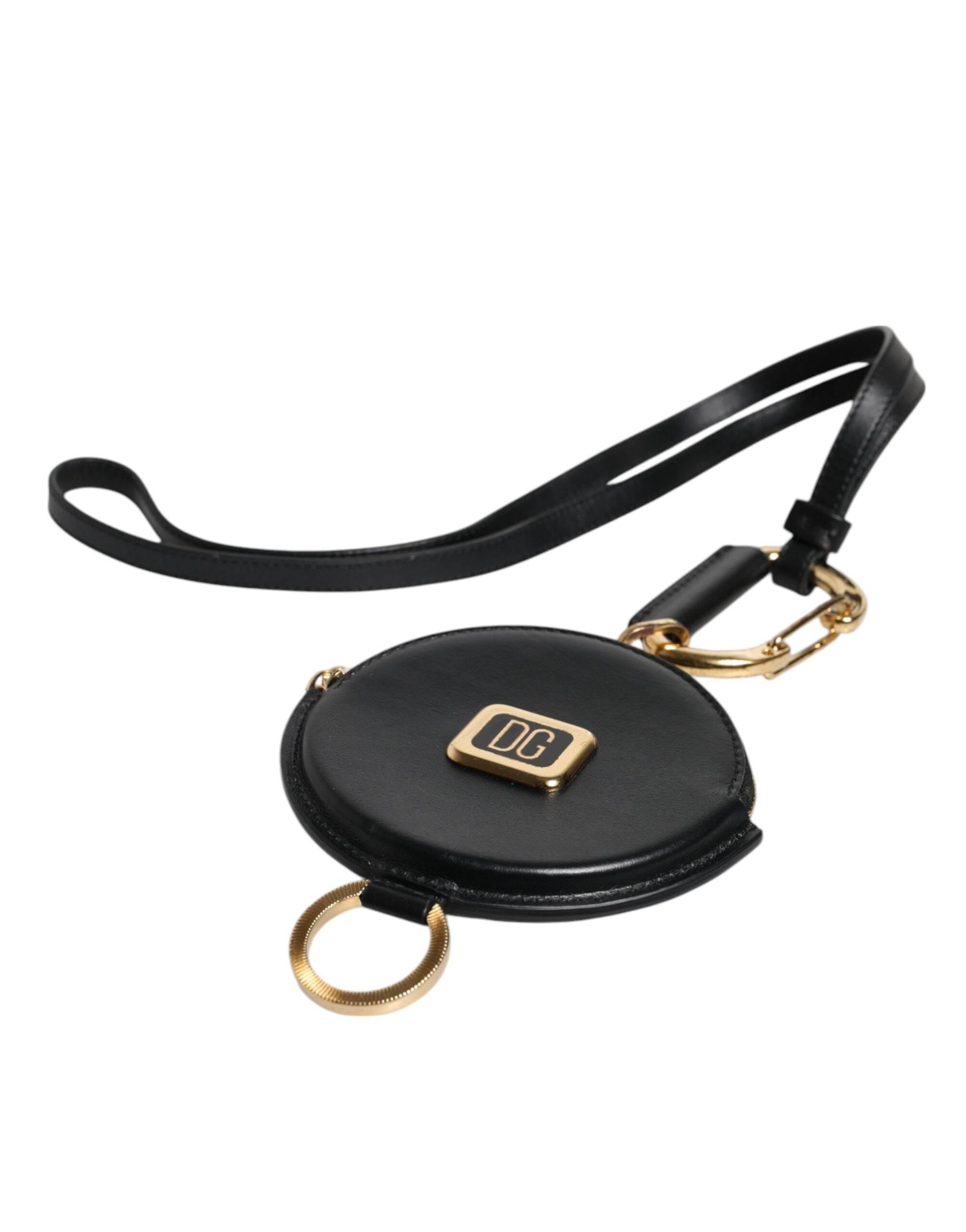 Dolce & Gabbana Black Round Leather DG Logo Coin Purse Lanyard Wallet - Hilstor