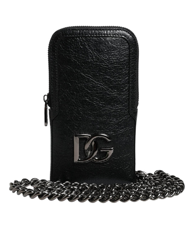 Dolce & Gabbana Black Leather Purse Crossbody Chain Sling Phone Bag - Hilstor