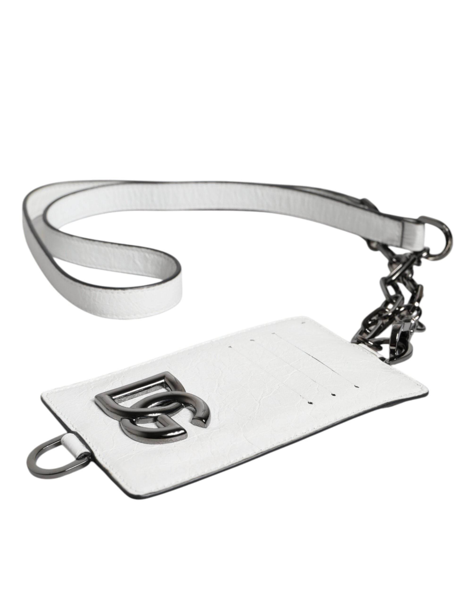 Dolce & Gabbana White Calf Leather Lanyard Logo Card Holder Wallet - Hilstor