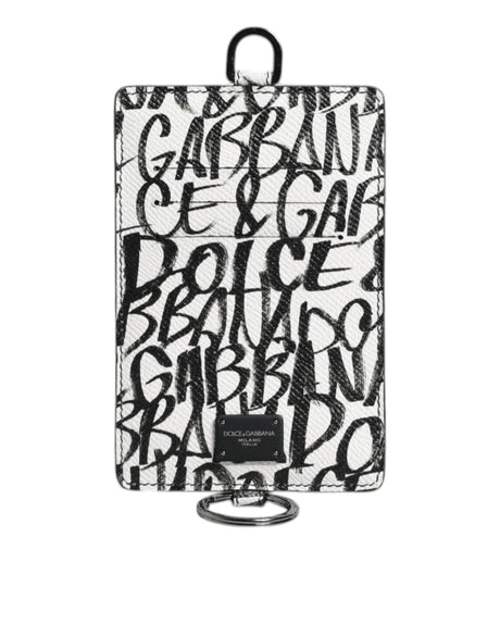 Dolce & Gabbana White Leather Lanyard Logo Print Card Holder Wallet - Hilstor