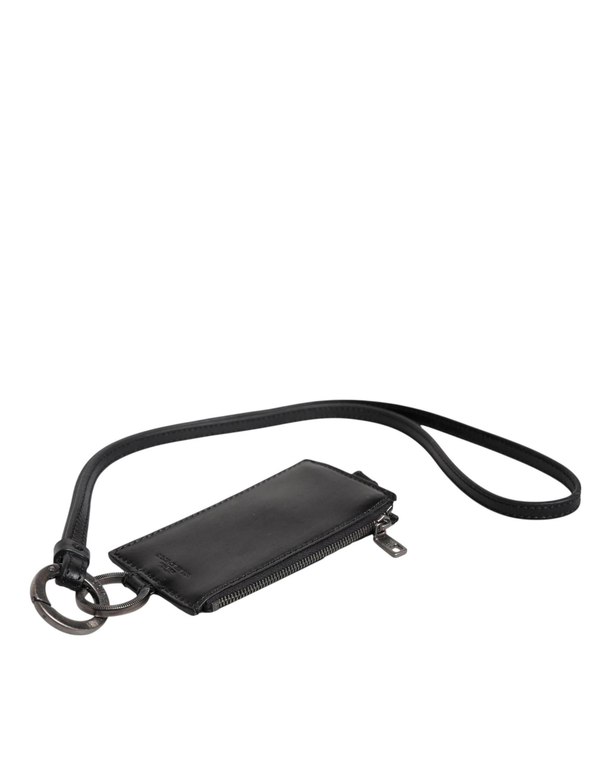 Dolce & Gabbana Black Horse Leather Lanyard Logo Card Holder Wallet - Hilstor