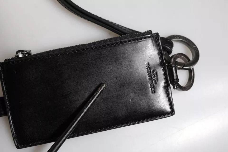Dolce & Gabbana Black Horse Leather Lanyard Logo Card Holder Wallet - Hilstor