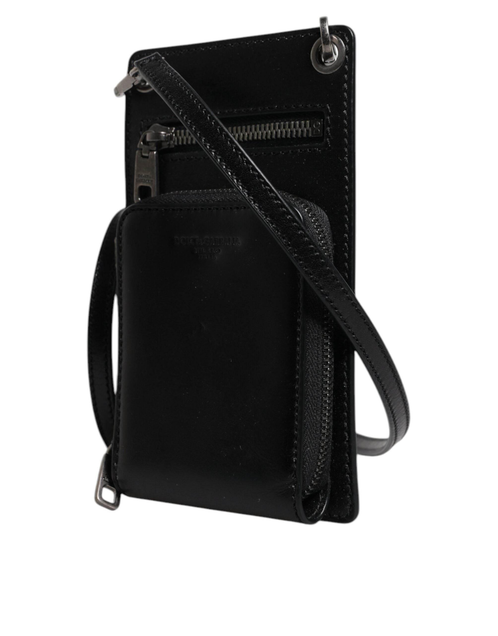 Dolce & Gabbana Black Horse Leather Zip Logo Shoulder Neck Strap Wallet - Hilstor