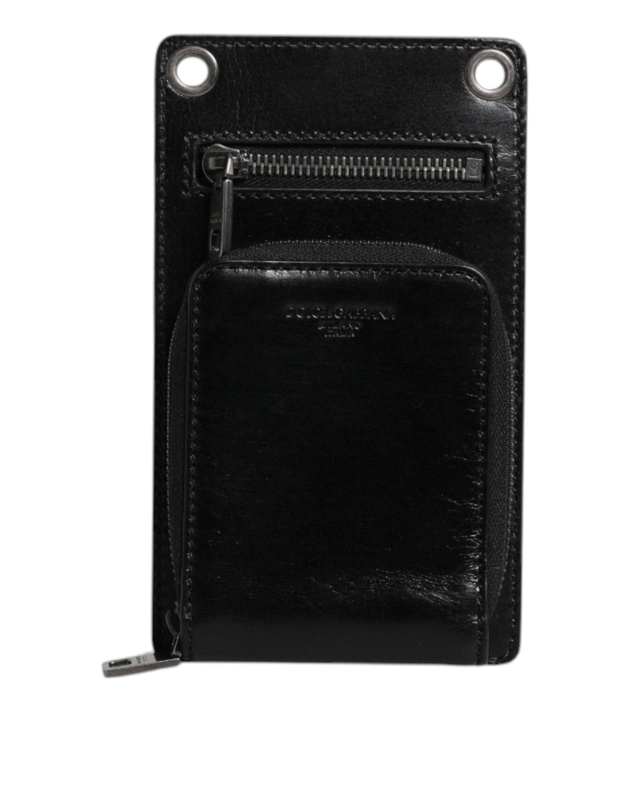 Dolce & Gabbana Black Horse Leather Zip Logo Shoulder Neck Strap Wallet - Hilstor