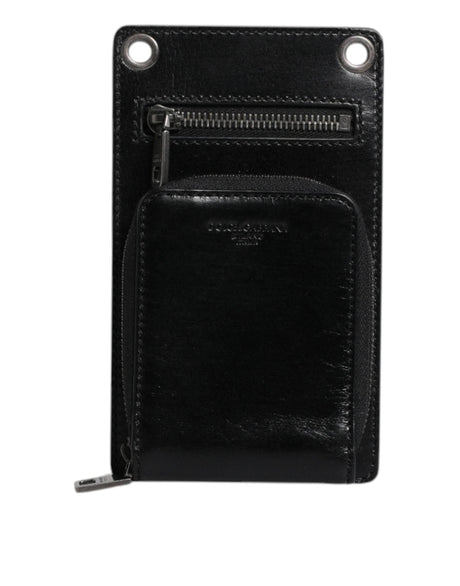Dolce & Gabbana Black Horse Leather Zip Logo Shoulder Neck Strap Wallet - Hilstor
