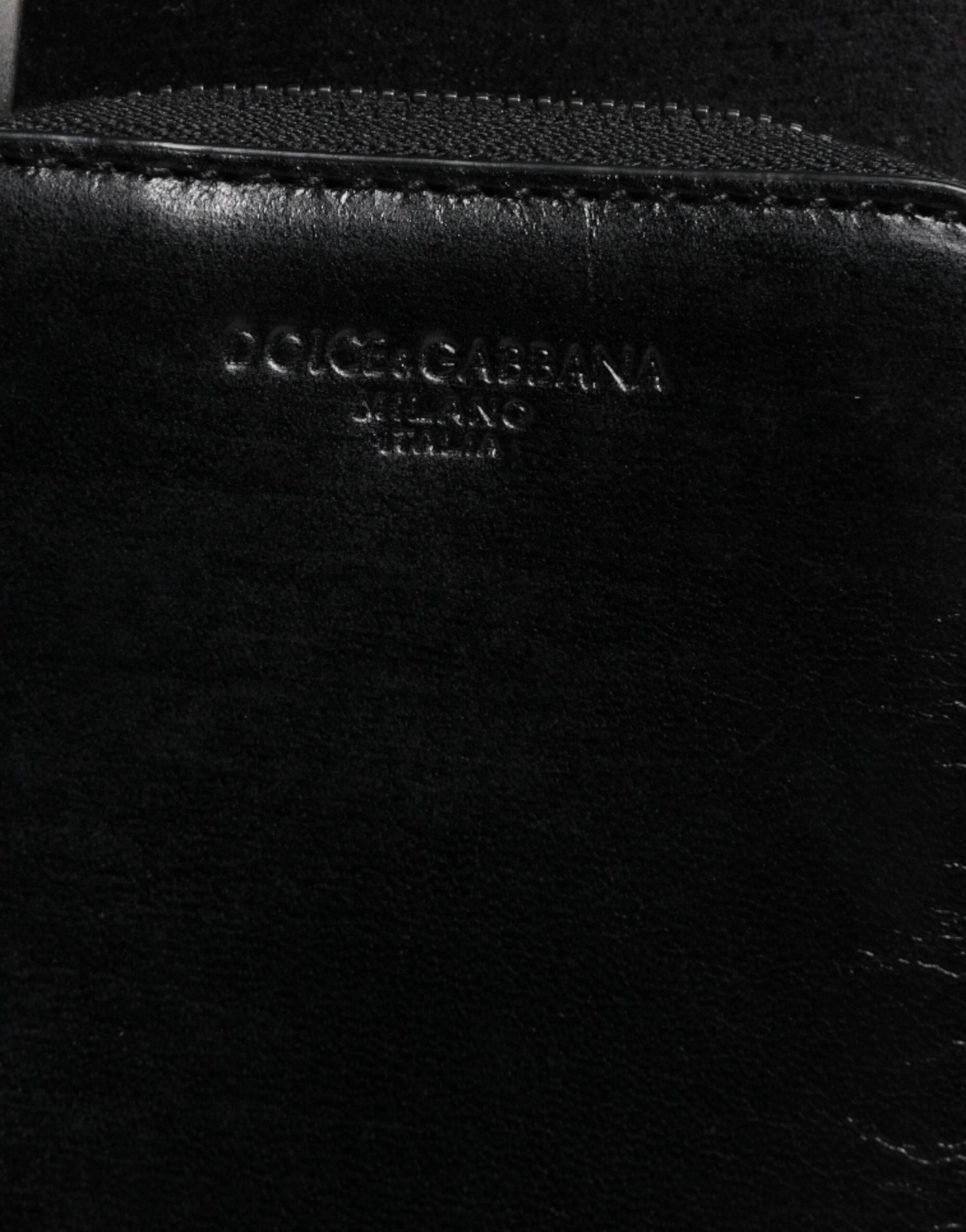 Dolce & Gabbana Black Horse Leather Zip Logo Shoulder Neck Strap Wallet - Hilstor