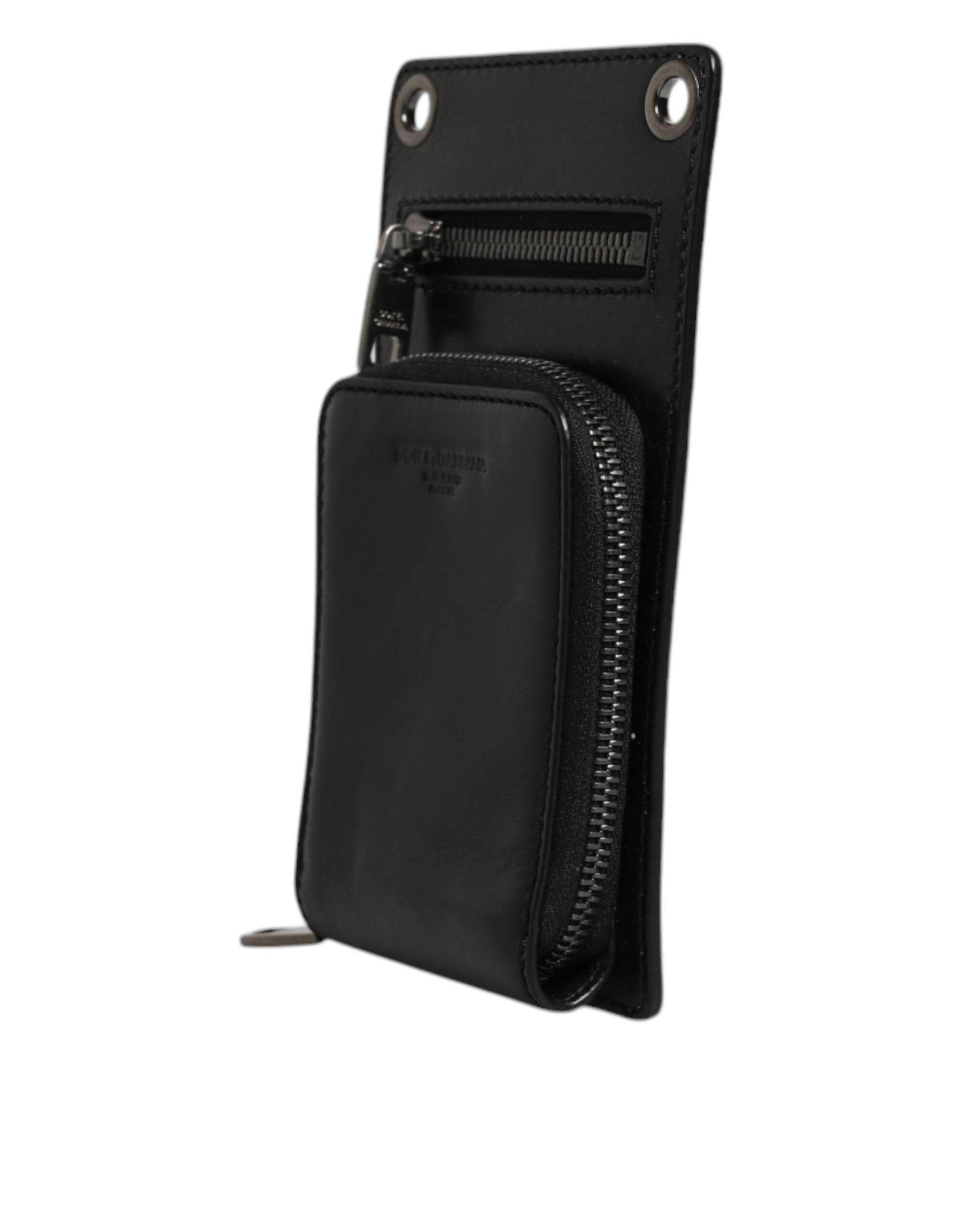 Dolce & Gabbana Black Horse Leather Zip Logo Shoulder Neck Strap Wallet - Hilstor