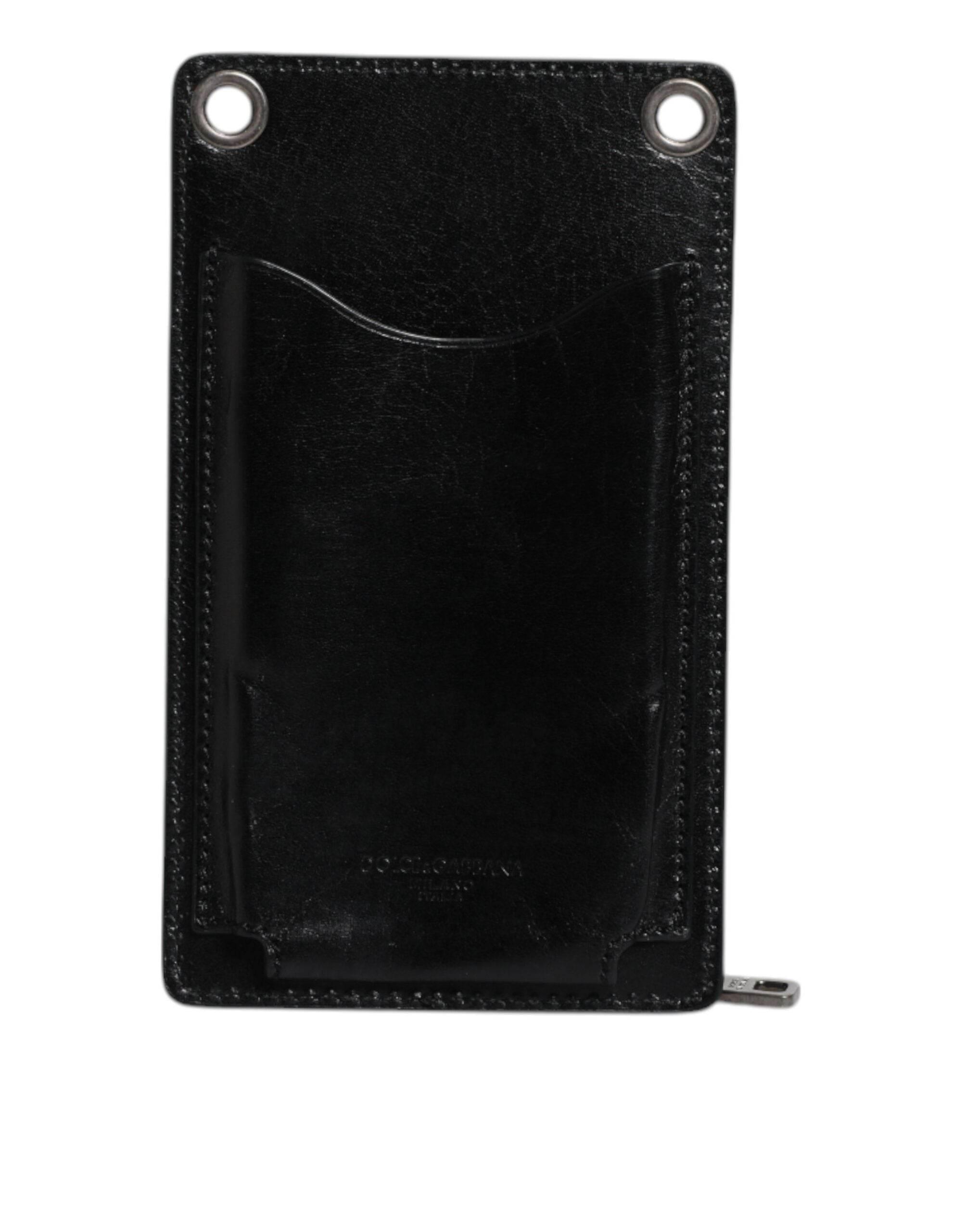 Dolce & Gabbana Black Horse Leather Zip Logo Shoulder Neck Strap Wallet - Hilstor