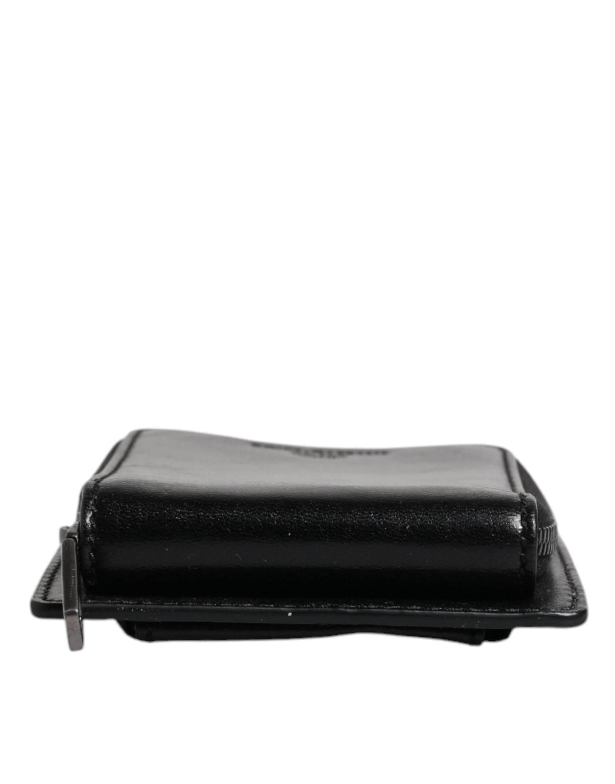 Dolce & Gabbana Black Horse Leather Zip Logo Shoulder Neck Strap Wallet - Hilstor