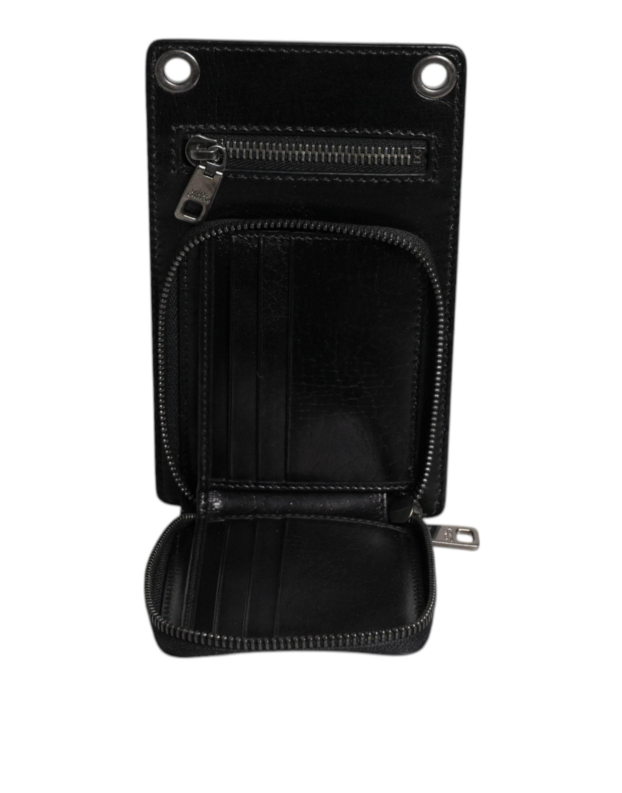 Dolce & Gabbana Black Horse Leather Zip Logo Shoulder Neck Strap Wallet - Hilstor