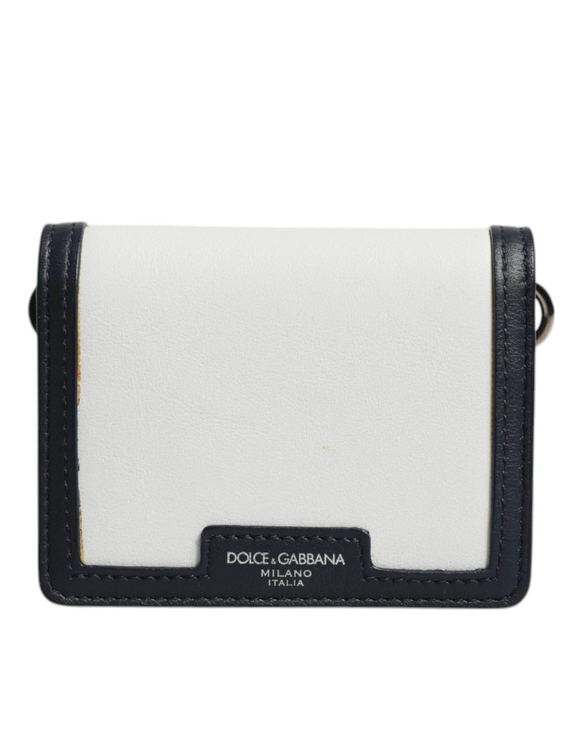 Dolce & Gabbana White Blue Leather Bifold Crossbody Sling Wallet - Hilstor