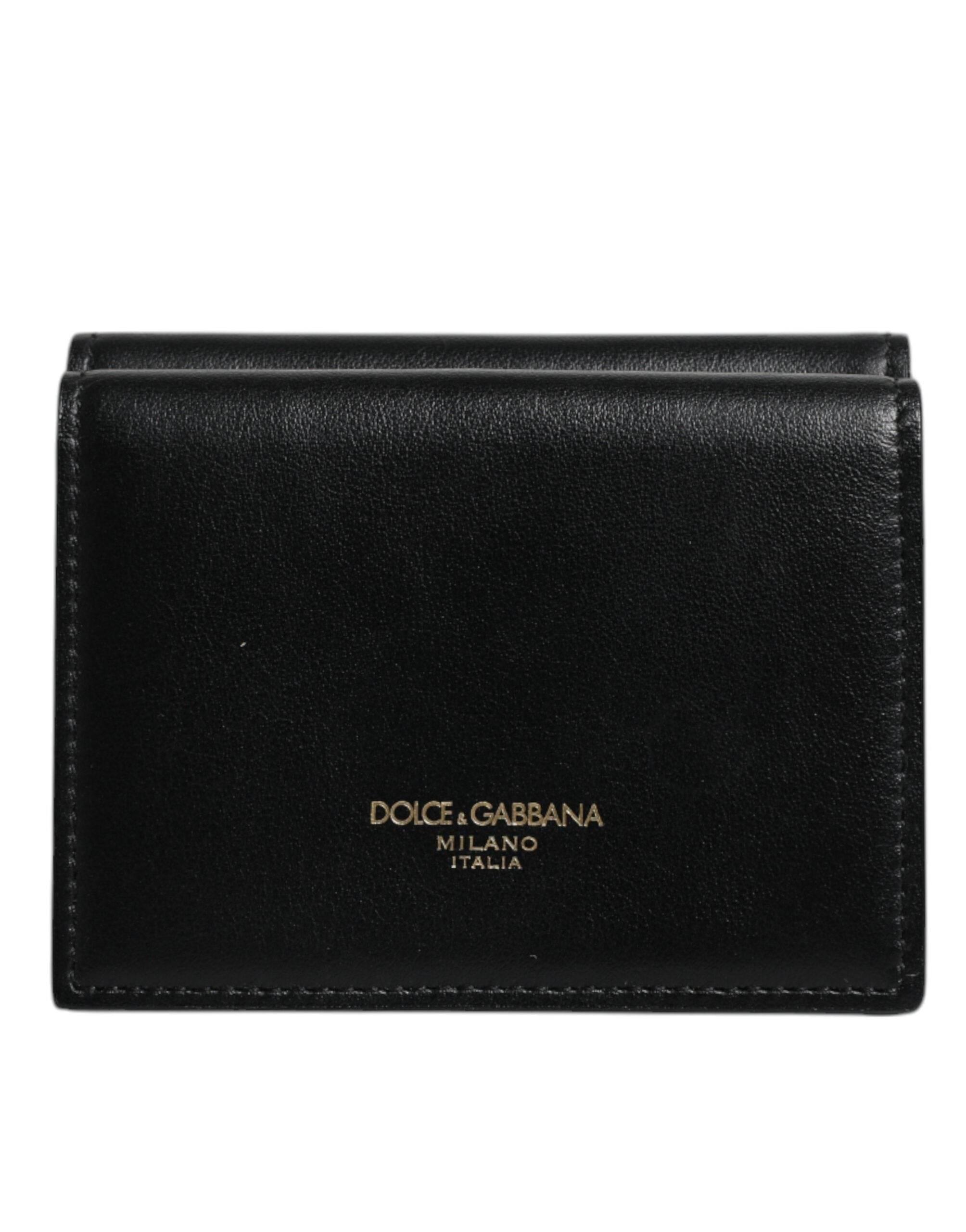 Dolce & Gabbana Black Leather Folding Card Holder Logo Print Wallet - Hilstor