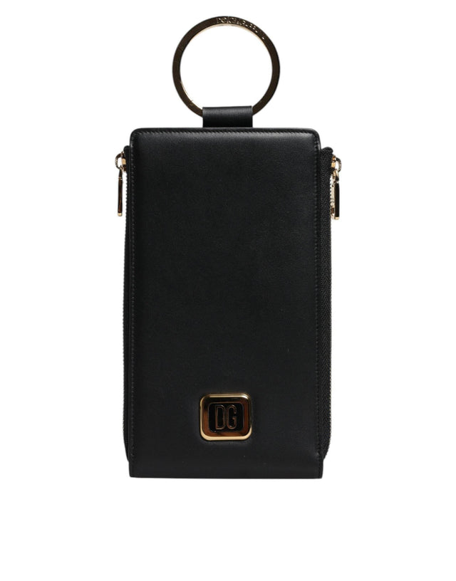 Dolce & Gabbana Black Leather Logo Plaque Neck Strap Card Coin Wallet - Hilstor