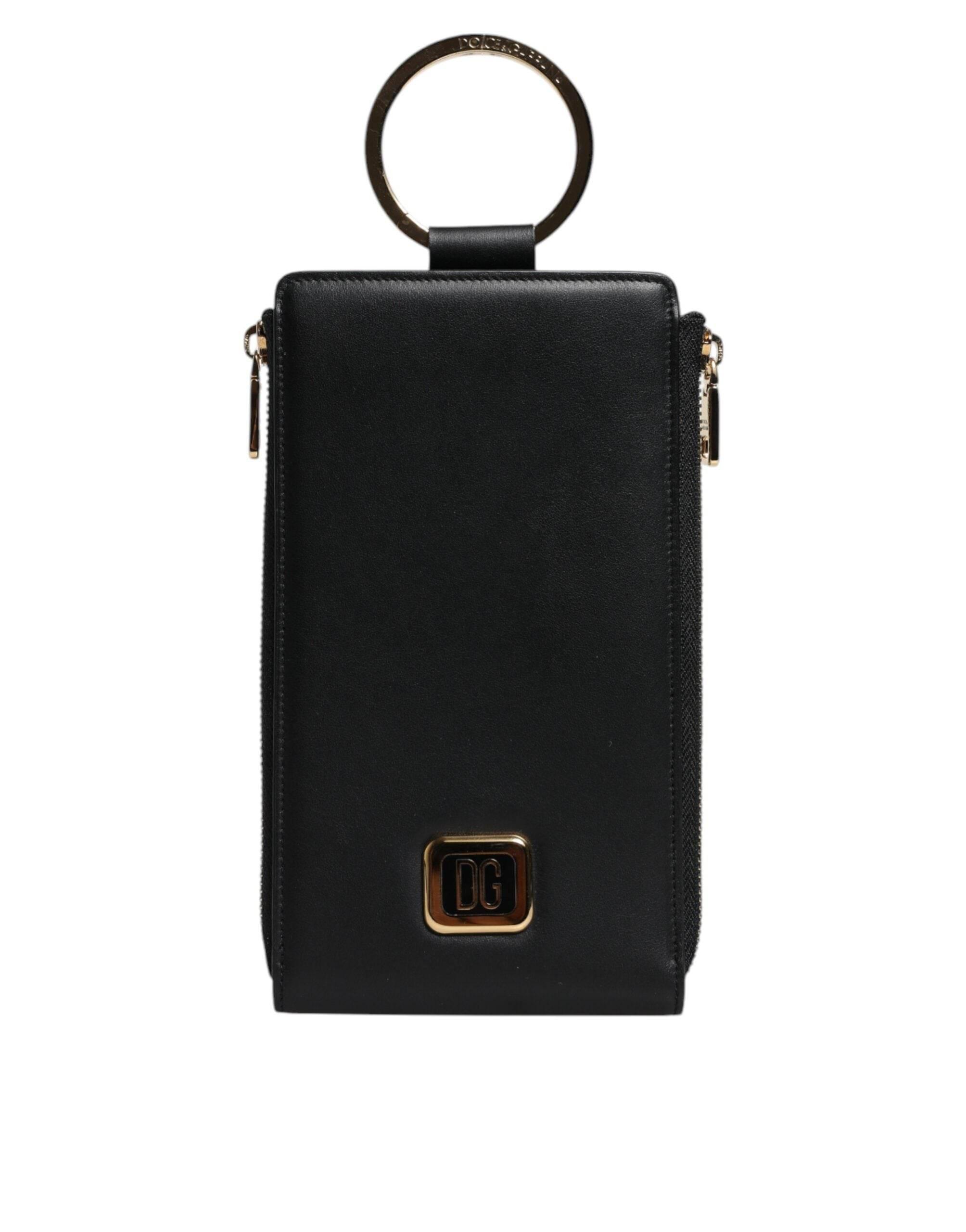 Dolce & Gabbana Black Leather Logo Plaque Neck Strap Card Coin Wallet - Hilstor