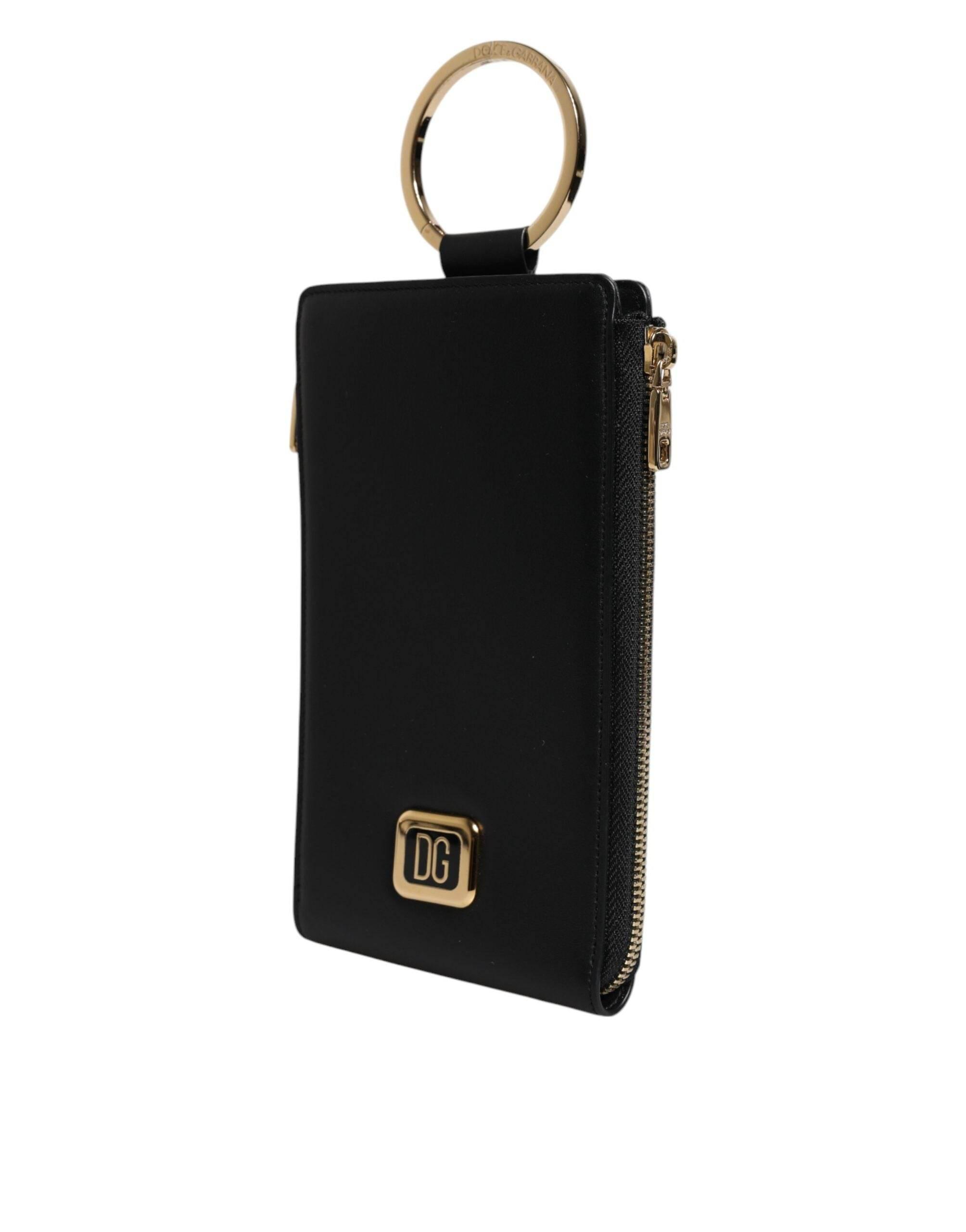 Dolce & Gabbana Black Leather Logo Plaque Neck Strap Card Coin Wallet - Hilstor