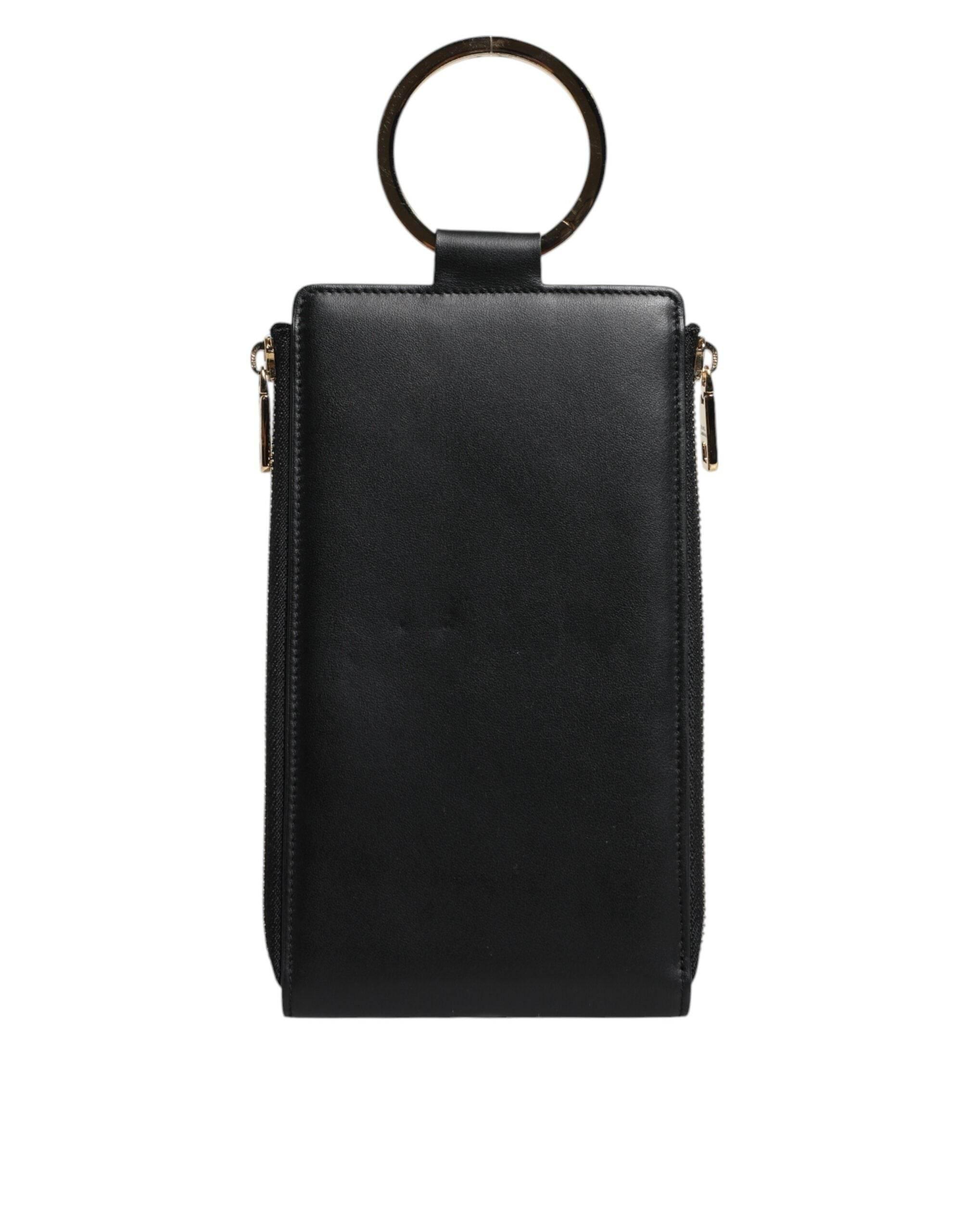 Dolce & Gabbana Black Leather Logo Plaque Neck Strap Card Coin Wallet - Hilstor