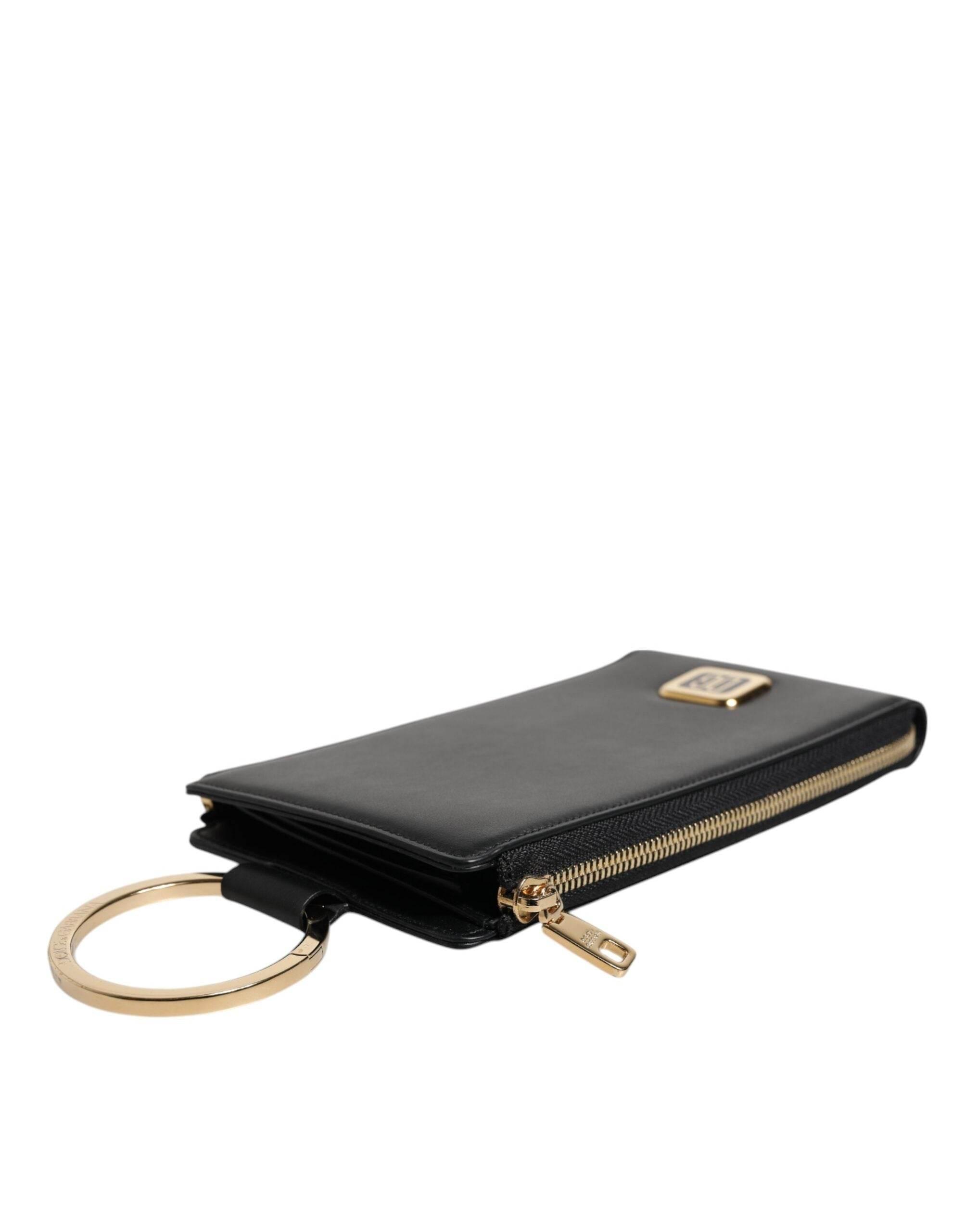 Dolce & Gabbana Black Leather Logo Plaque Neck Strap Card Coin Wallet - Hilstor