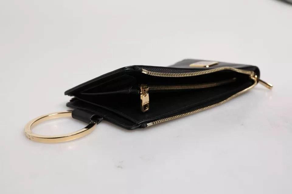 Dolce & Gabbana Black Leather Logo Plaque Neck Strap Card Coin Wallet - Hilstor