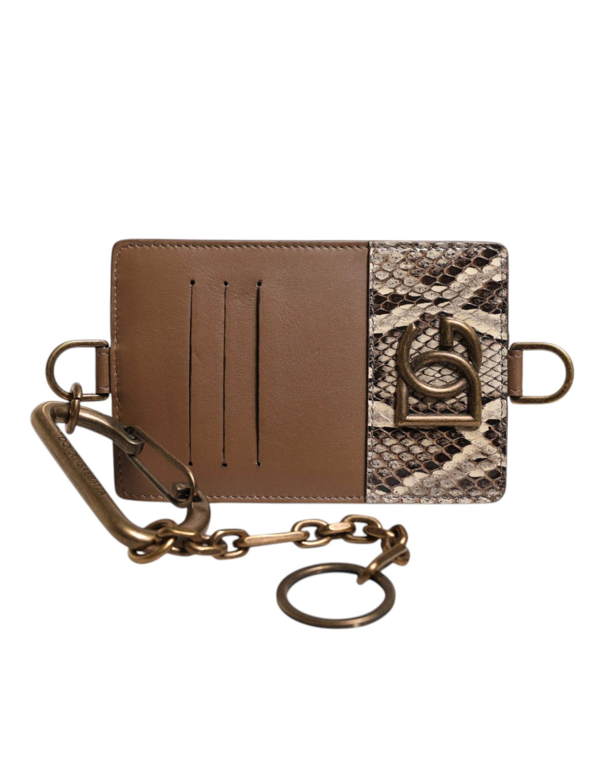 Dolce & Gabbana Brown Exotic Leather Card Holder DG Logo Plaque Wallet - Hilstor