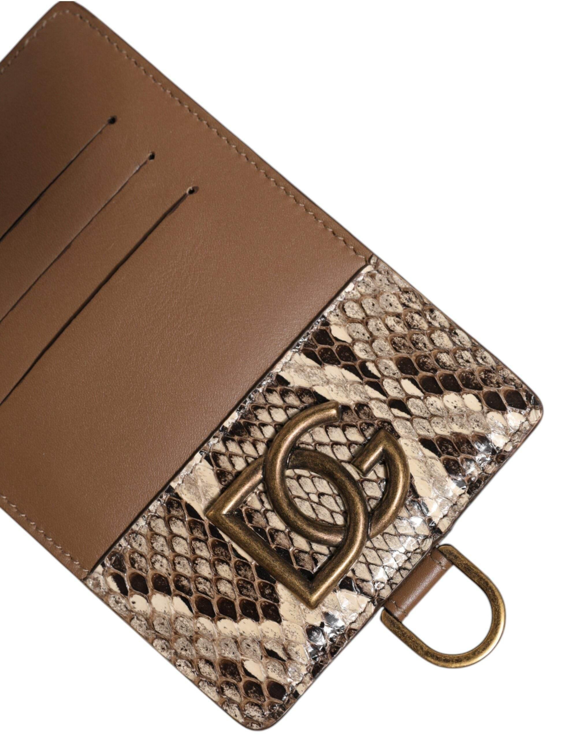 Dolce & Gabbana Brown Exotic Leather Card Holder DG Logo Plaque Wallet - Hilstor