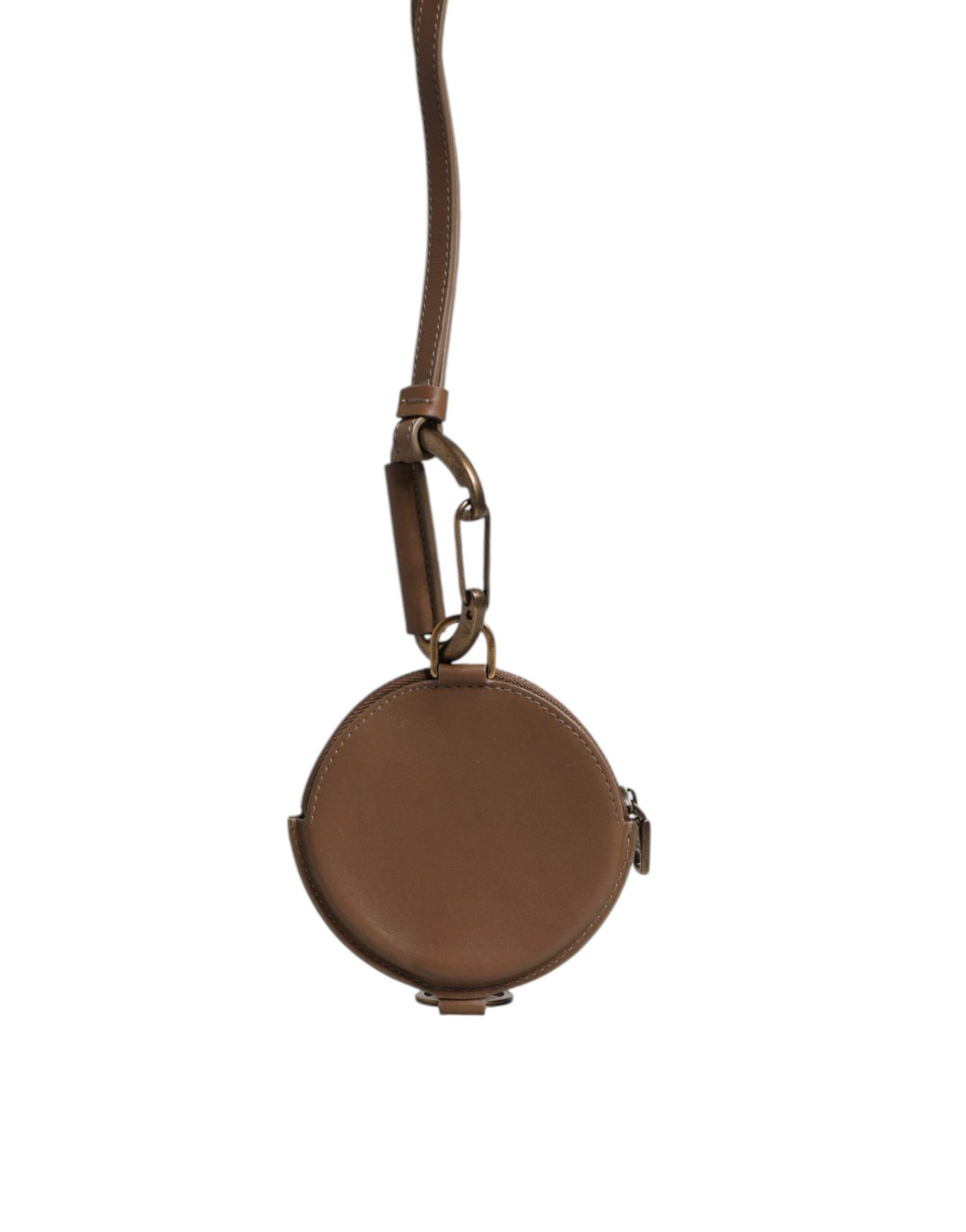 Dolce & Gabbana Brown Round Leather DG Logo Coin Purse Lanyard Wallet - Hilstor