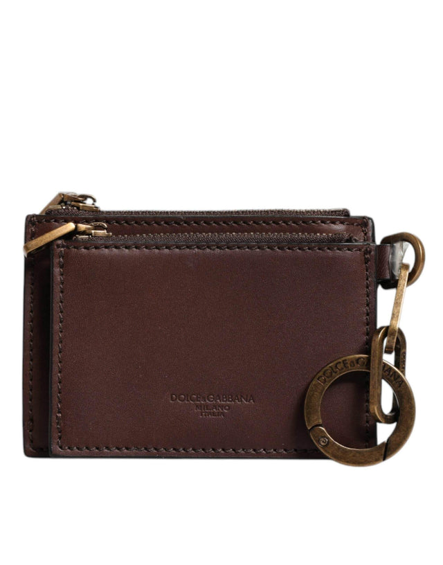 Dolce & Gabbana Brown Leather Zip Logo Keyring Coin Purse Keyring Wallet - Hilstor