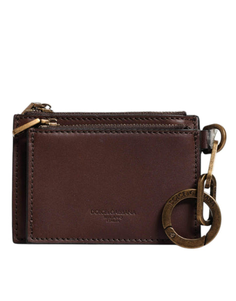 Dolce & Gabbana Brown Leather Zip Logo Keyring Coin Purse Keyring Wallet - Hilstor
