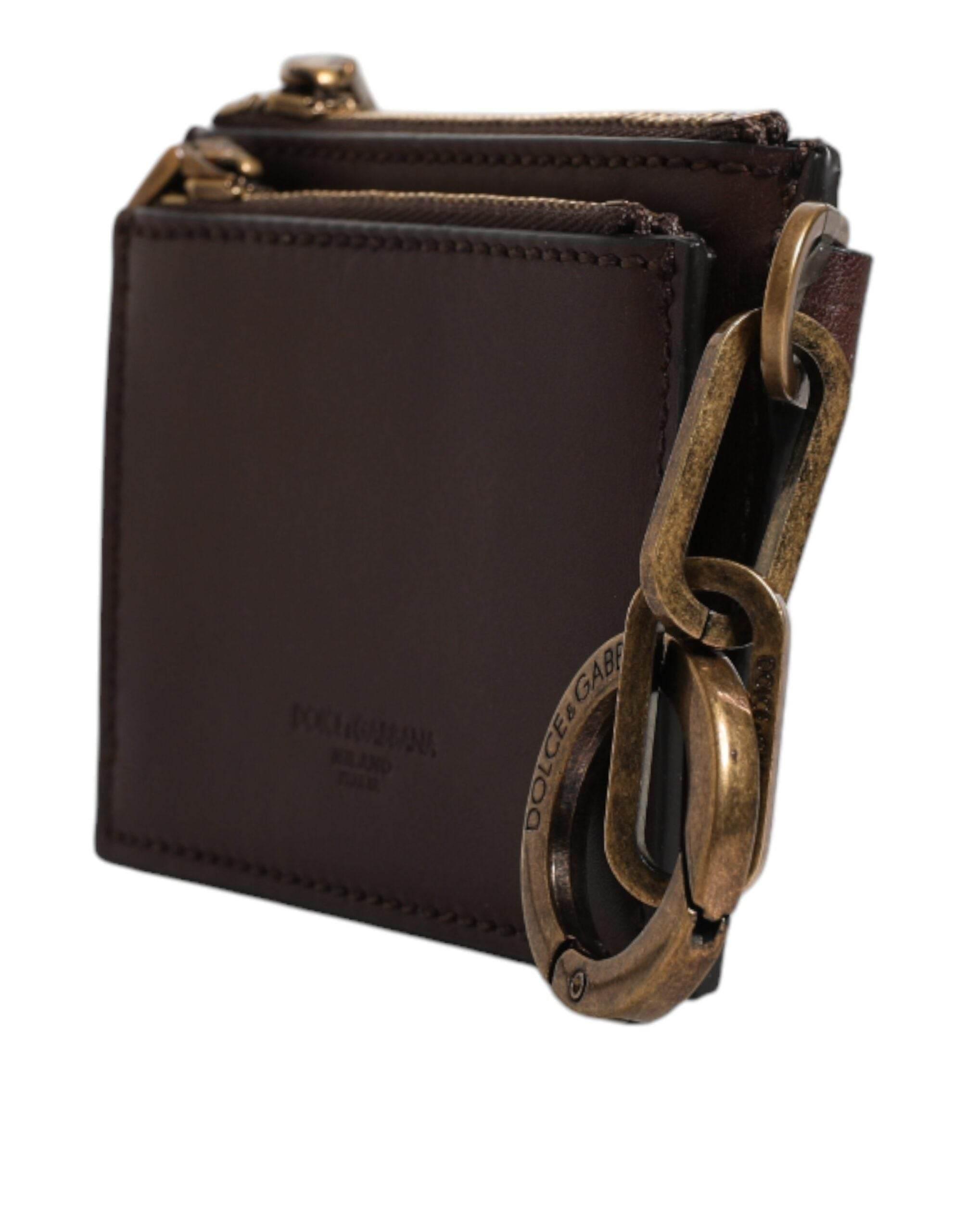 Dolce & Gabbana Brown Leather Zip Logo Keyring Coin Purse Keyring Wallet - Hilstor