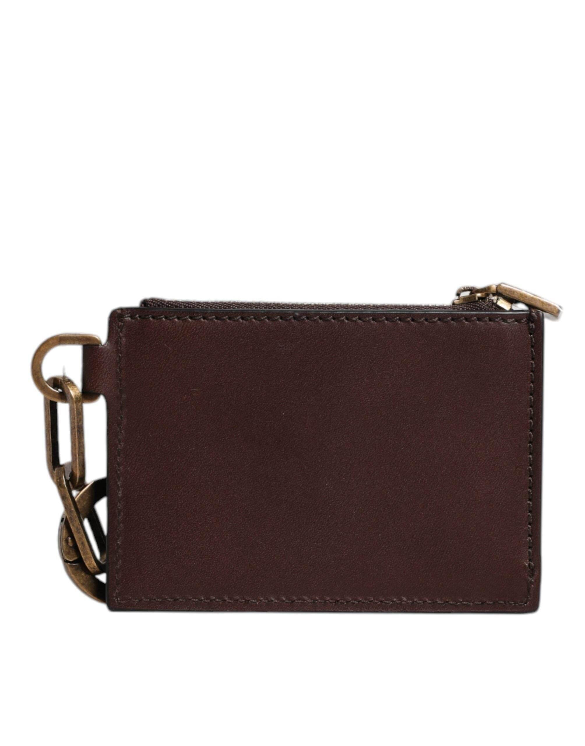 Dolce & Gabbana Brown Leather Zip Logo Keyring Coin Purse Keyring Wallet - Hilstor