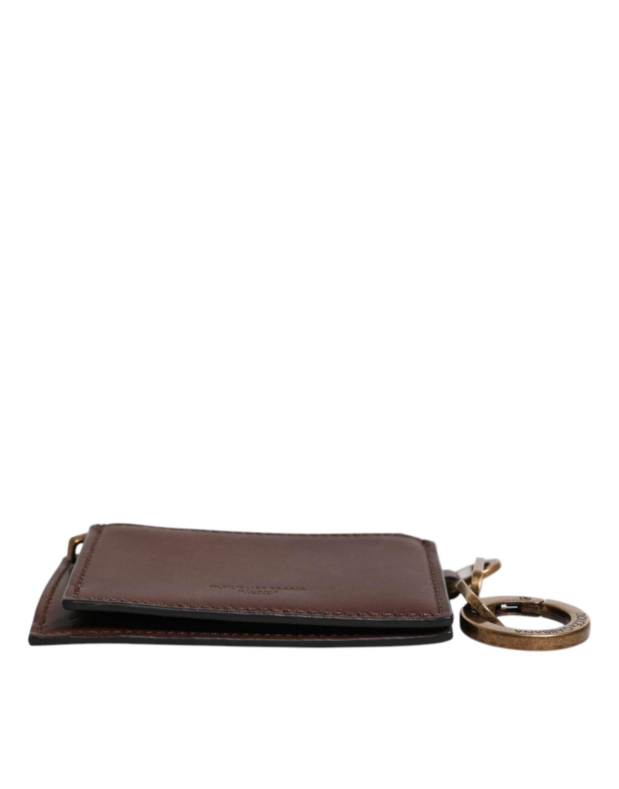 Dolce & Gabbana Brown Leather Zip Logo Keyring Coin Purse Keyring Wallet - Hilstor