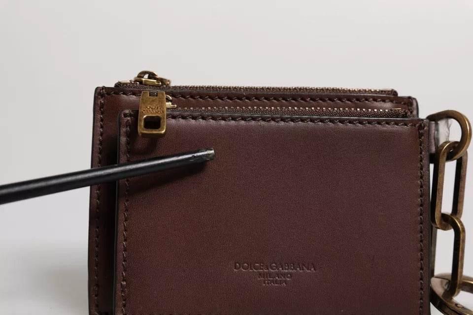 Dolce & Gabbana Brown Leather Zip Logo Keyring Coin Purse Keyring Wallet - Hilstor