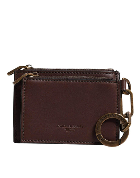 Dolce & Gabbana Brown Leather Zip Logo Keyring Coin Purse Keyring Wallet - Hilstor