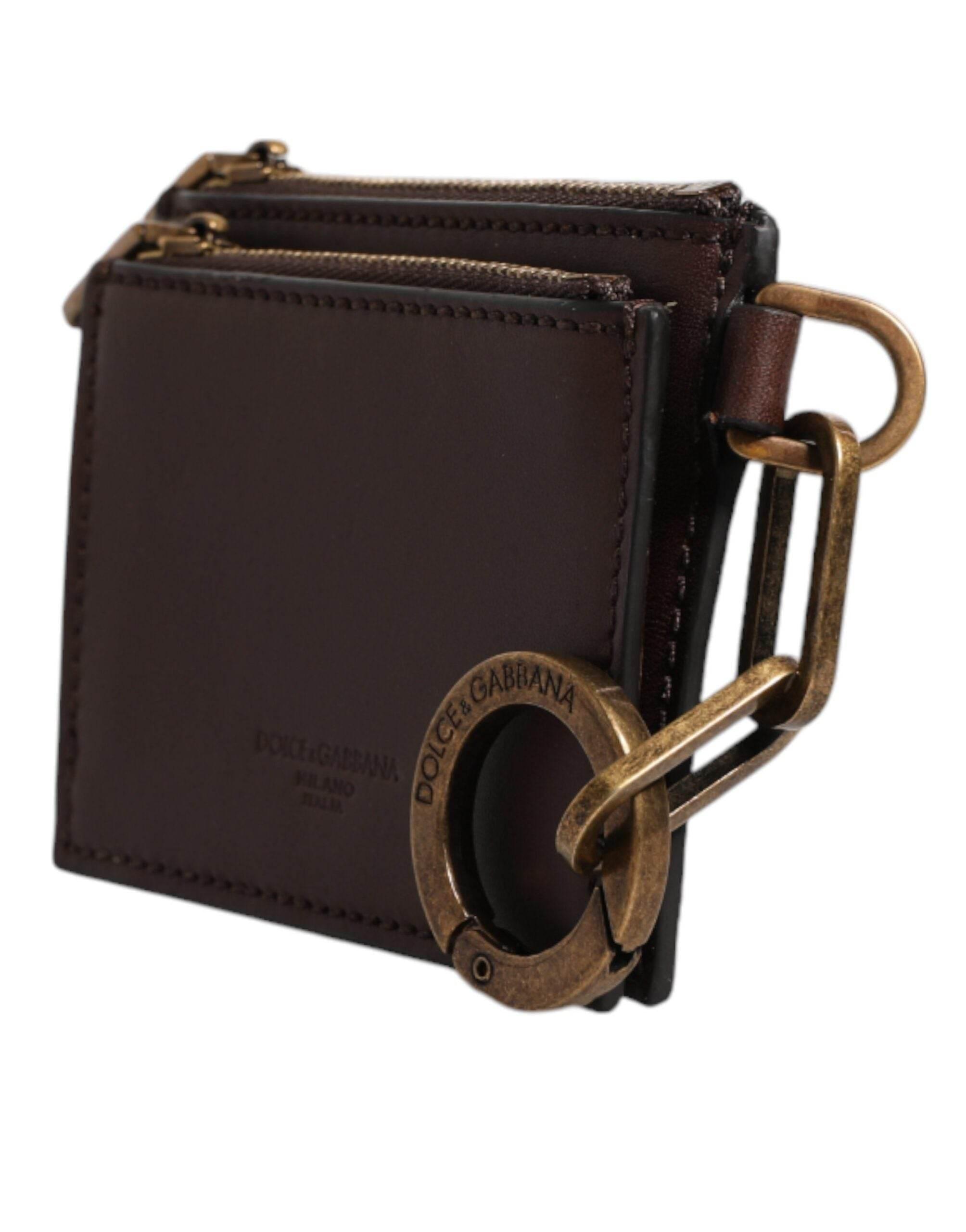 Dolce & Gabbana Brown Leather Zip Logo Keyring Coin Purse Keyring Wallet - Hilstor