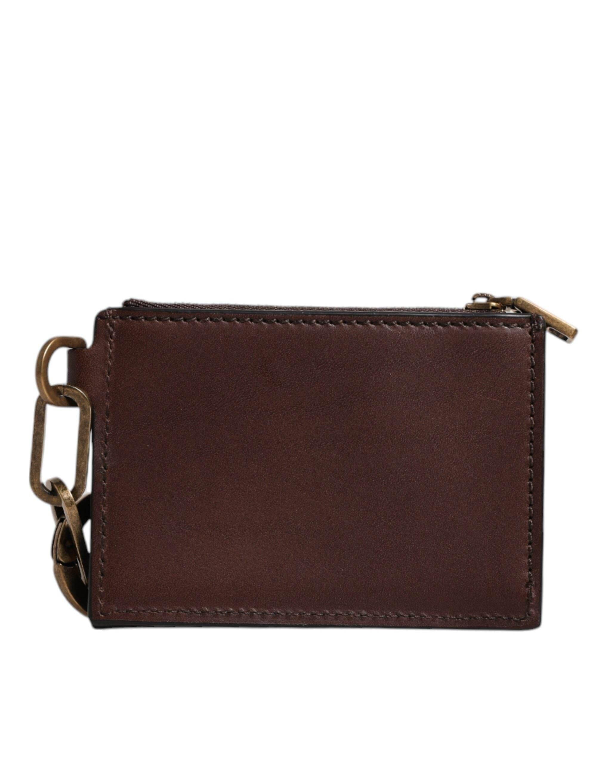 Dolce & Gabbana Brown Leather Zip Logo Keyring Coin Purse Keyring Wallet - Hilstor