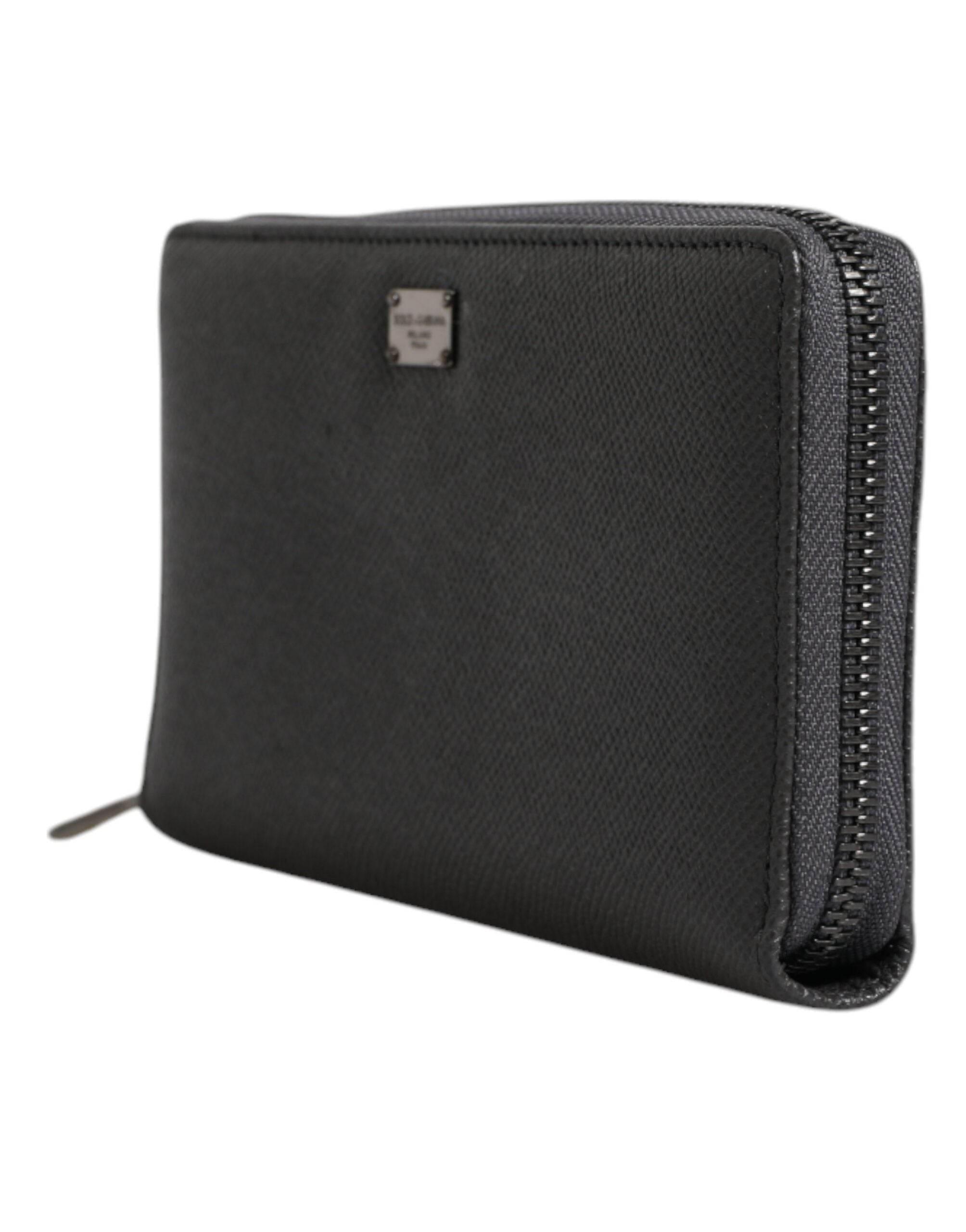 Dolce & Gabbana Dark Gray Leather DG Logo Zip Around Continental Wallet - Hilstor