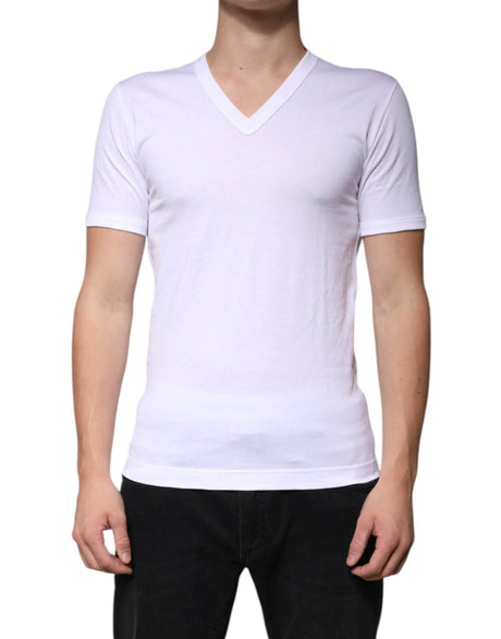 Dolce & Gabbana White Cotton V-neck Short Sleeves T-shirt - Hilstor