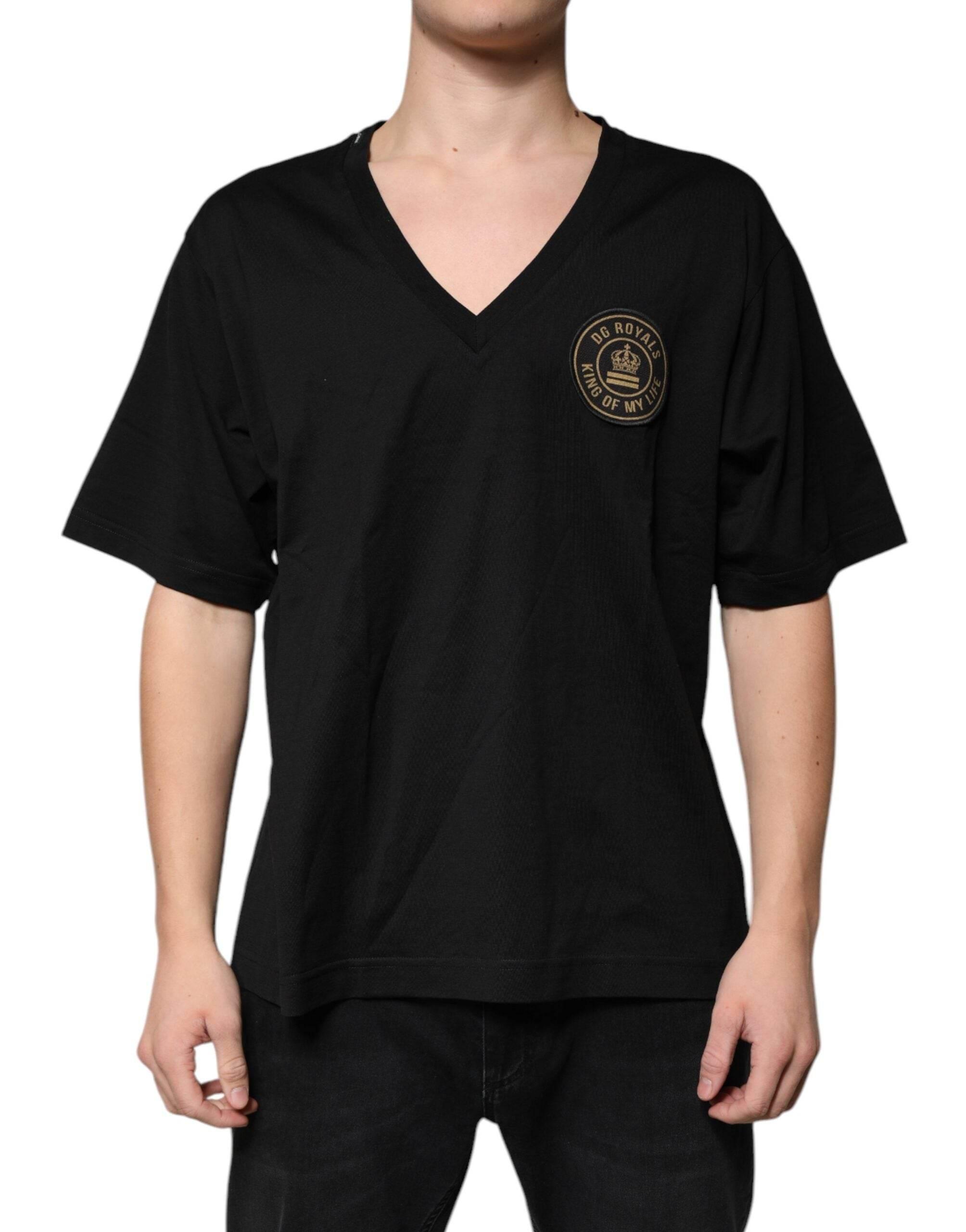 Dolce & Gabbana Black Cotton Logo Vneck Short Sleeve T-shirt - Hilstor