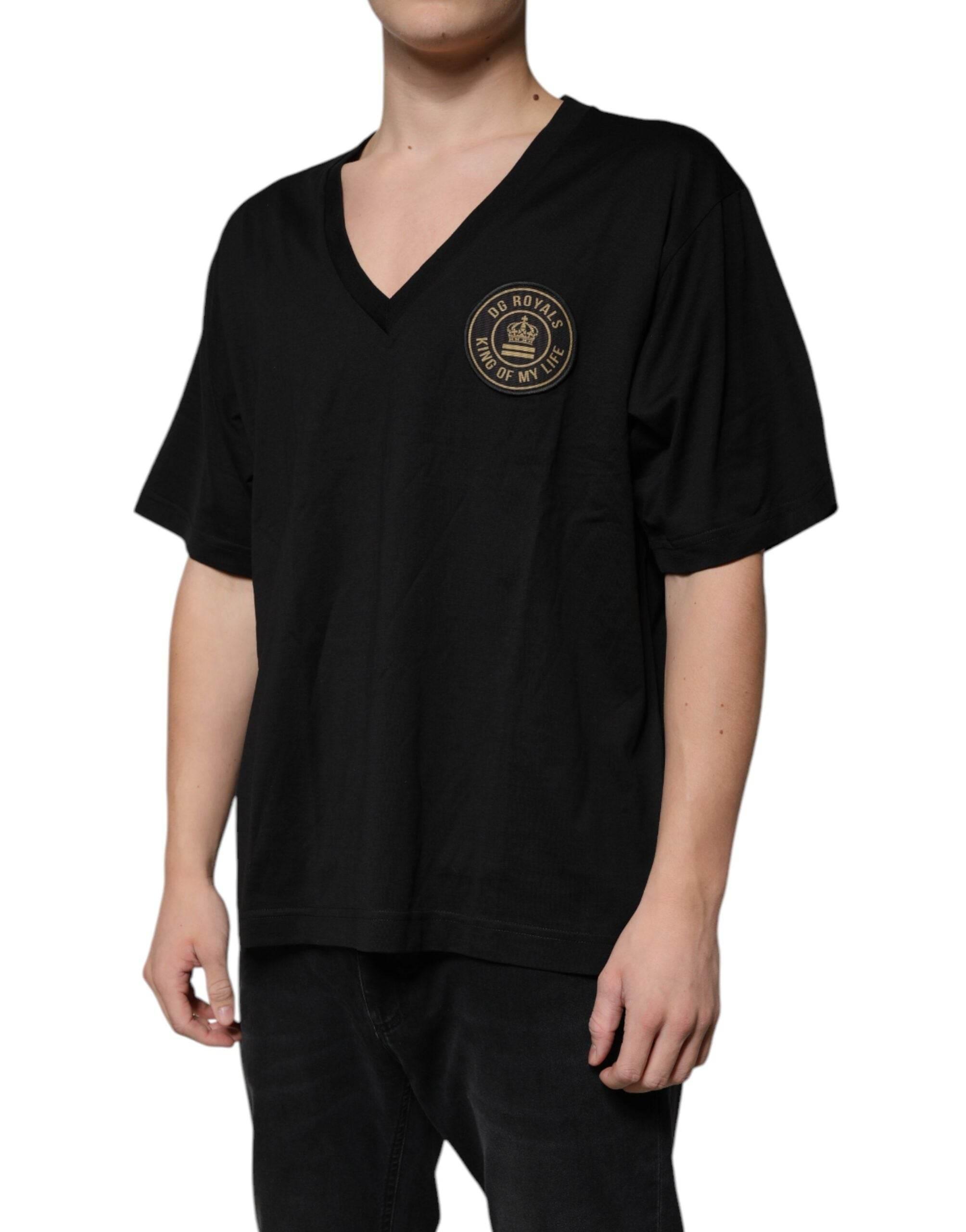 Dolce & Gabbana Black Cotton Logo Vneck Short Sleeve T-shirt - Hilstor
