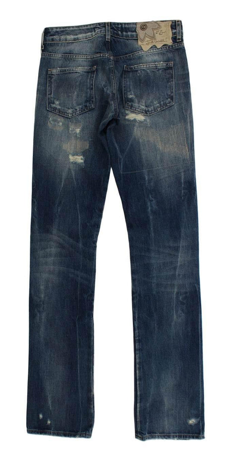 Cavalli Blue Wash Torn Cotton Straight Fit Jeans - Hilstor