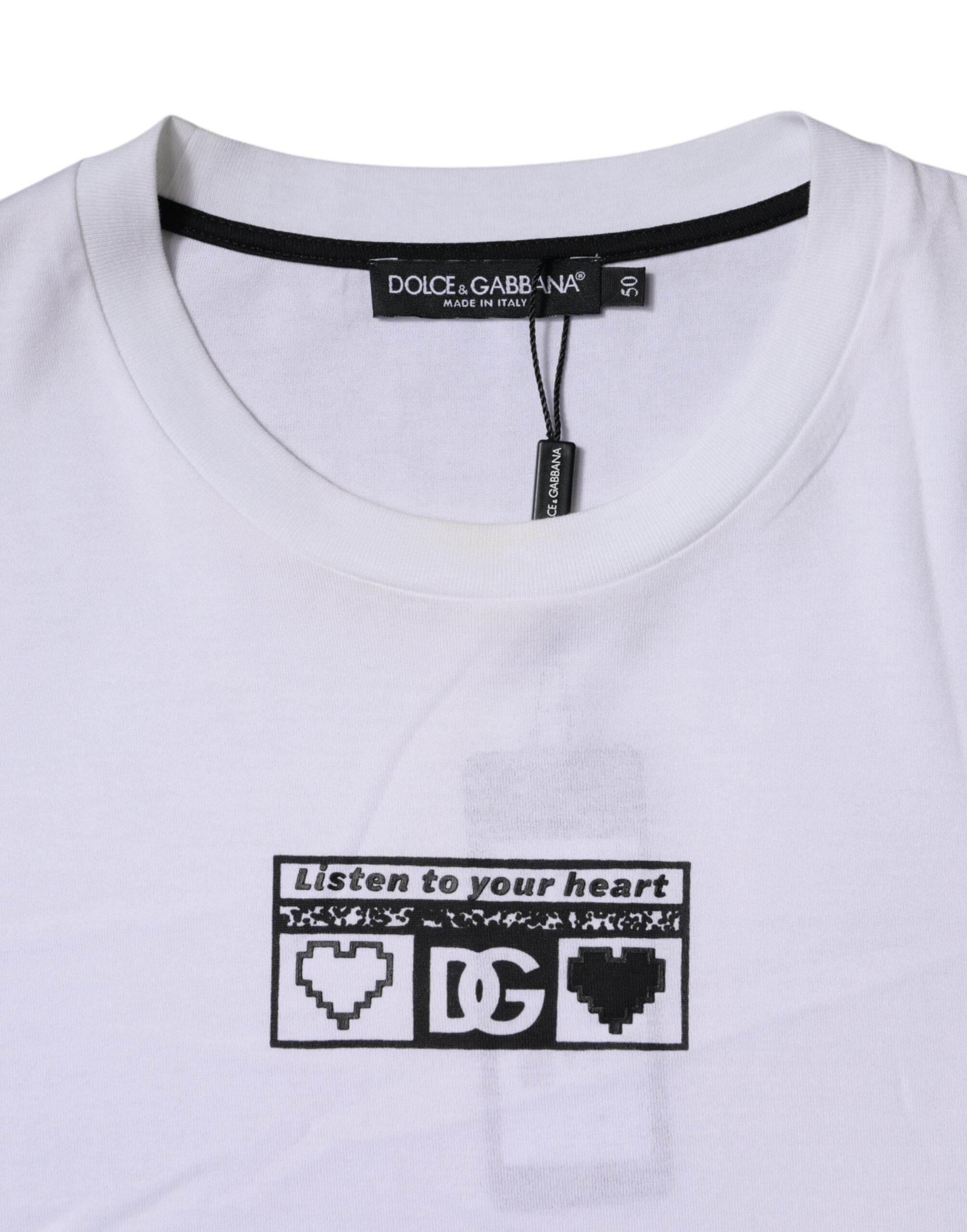 Dolce & Gabbana White Logo Print Cotton Crew Neck T-shirt - Hilstor