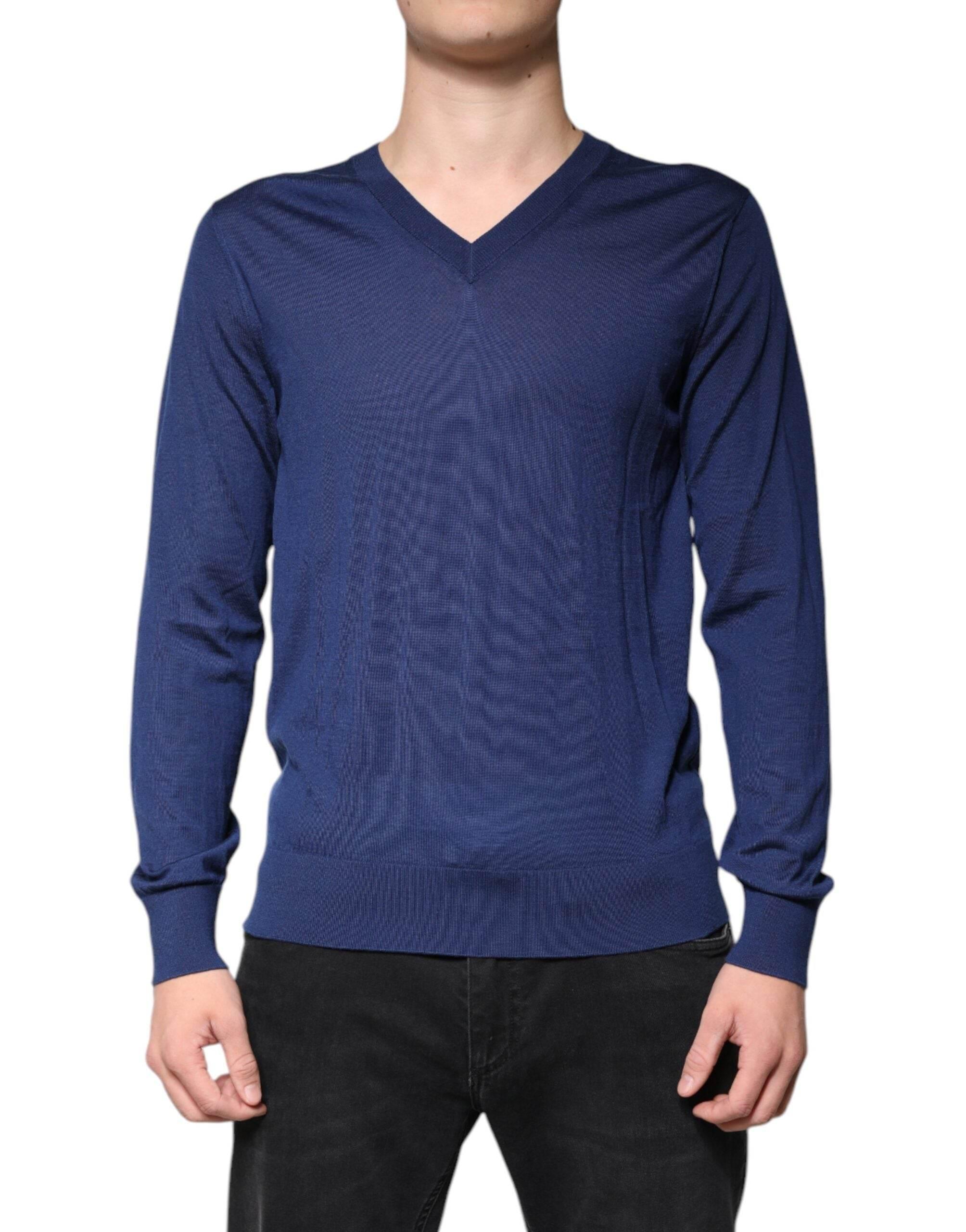 Dolce & Gabbana Navy Blue Cashmere V-neck Pullover Sweater - Hilstor