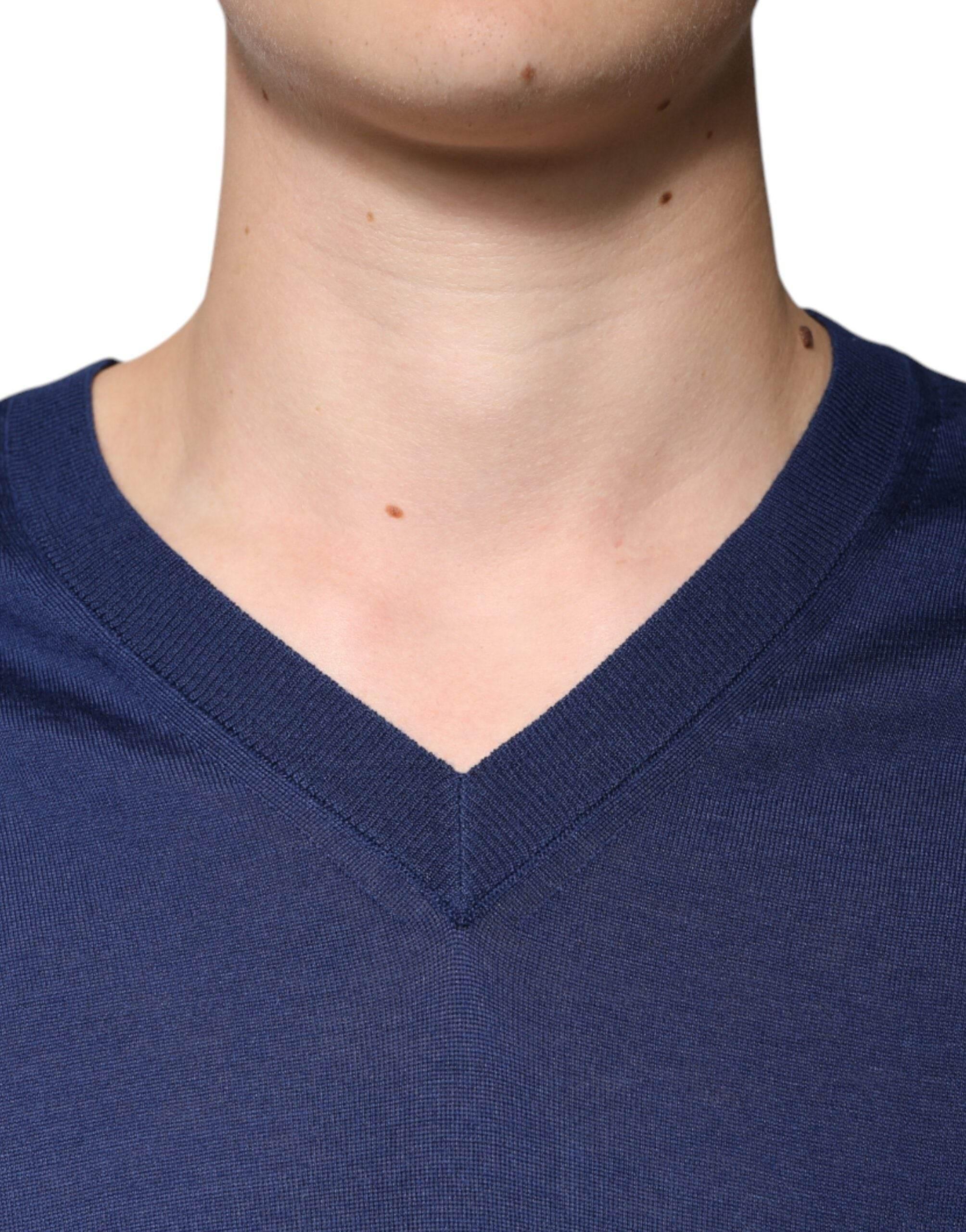 Dolce & Gabbana Navy Blue Cashmere V-neck Pullover Sweater - Hilstor