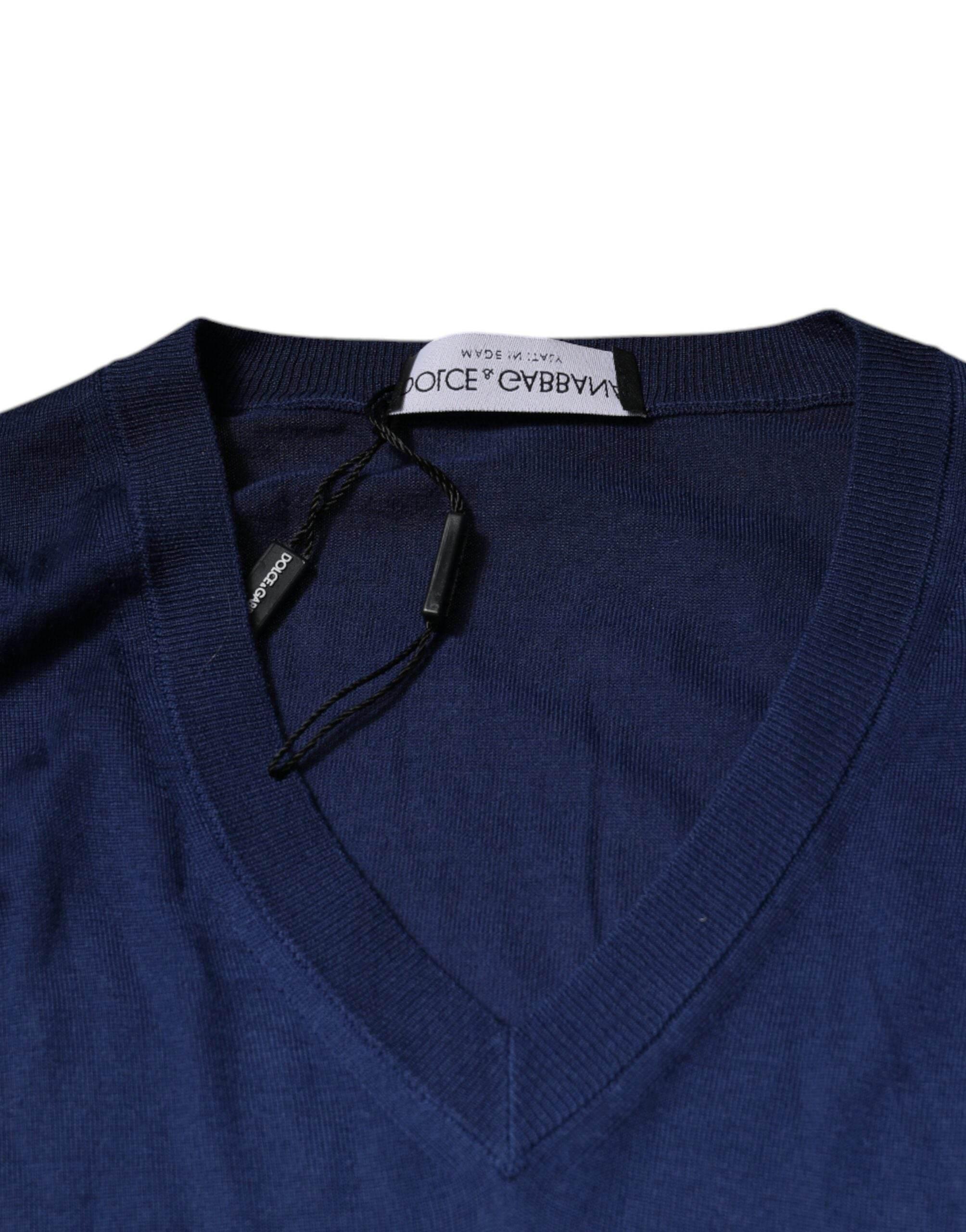 Dolce & Gabbana Navy Blue Cashmere V-neck Pullover Sweater - Hilstor