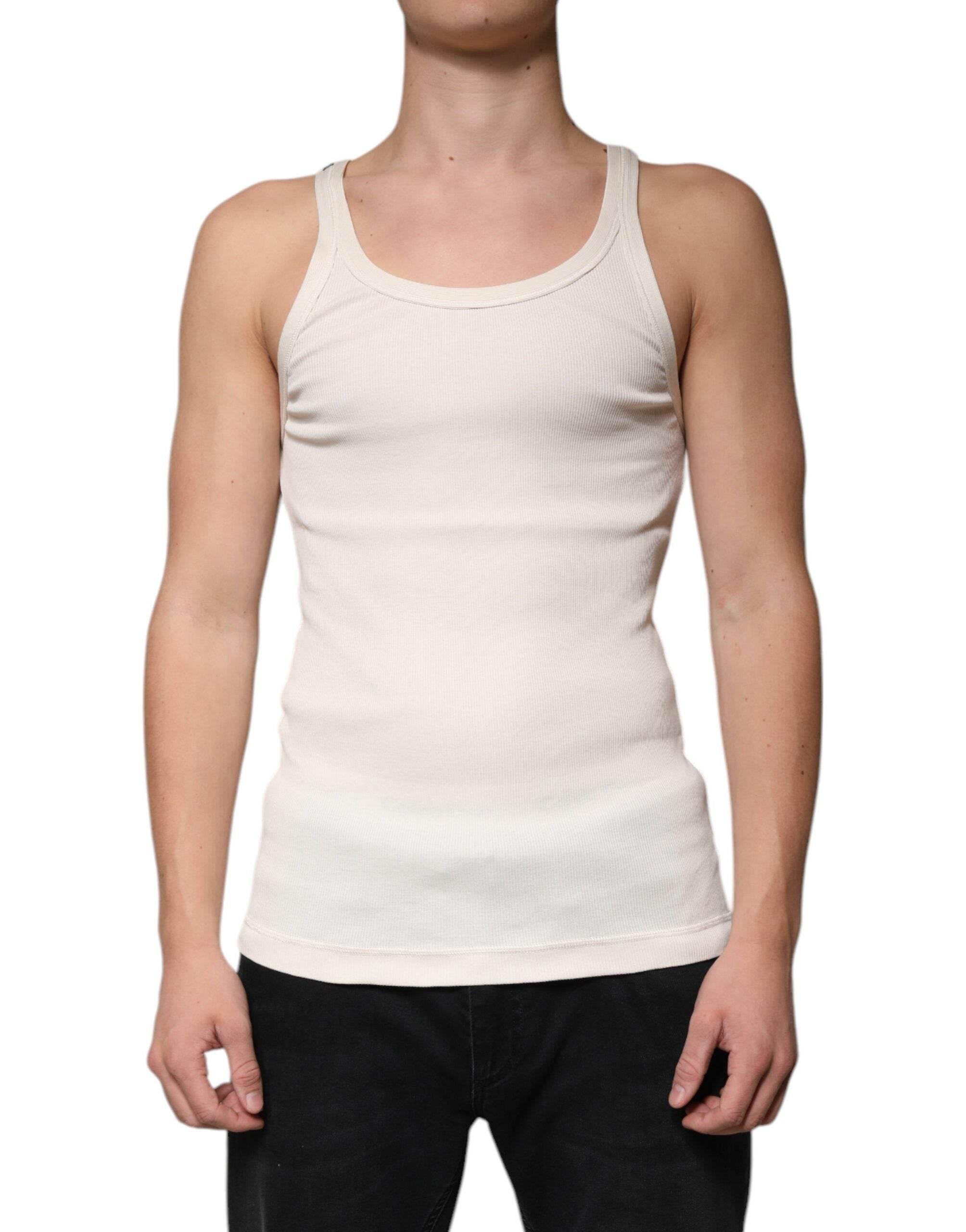 Dolce & Gabbana Off White Cotton Sleeveless Round Neck Tank T-shirt - Hilstor