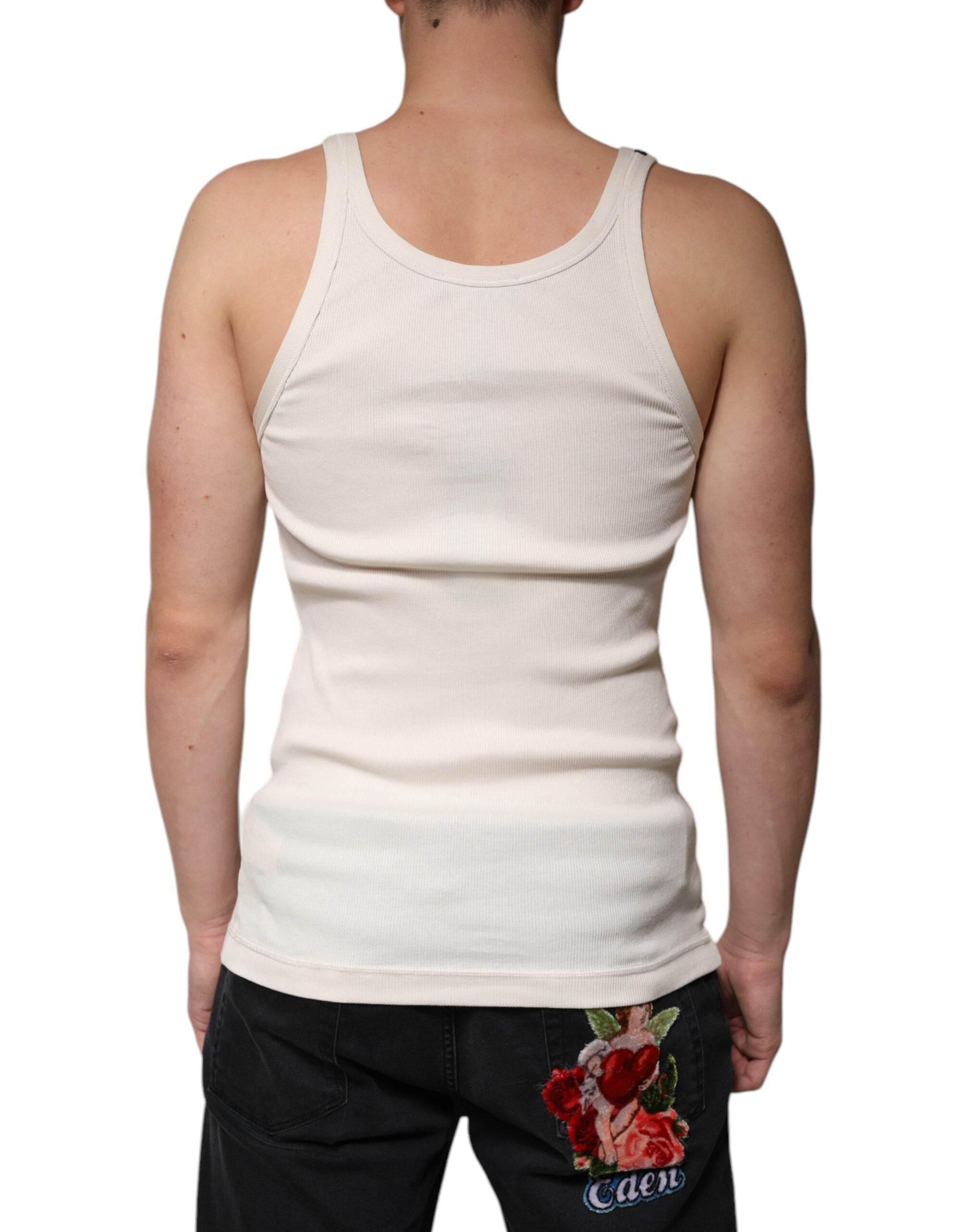 Dolce & Gabbana Off White Cotton Sleeveless Round Neck Tank T-shirt - Hilstor