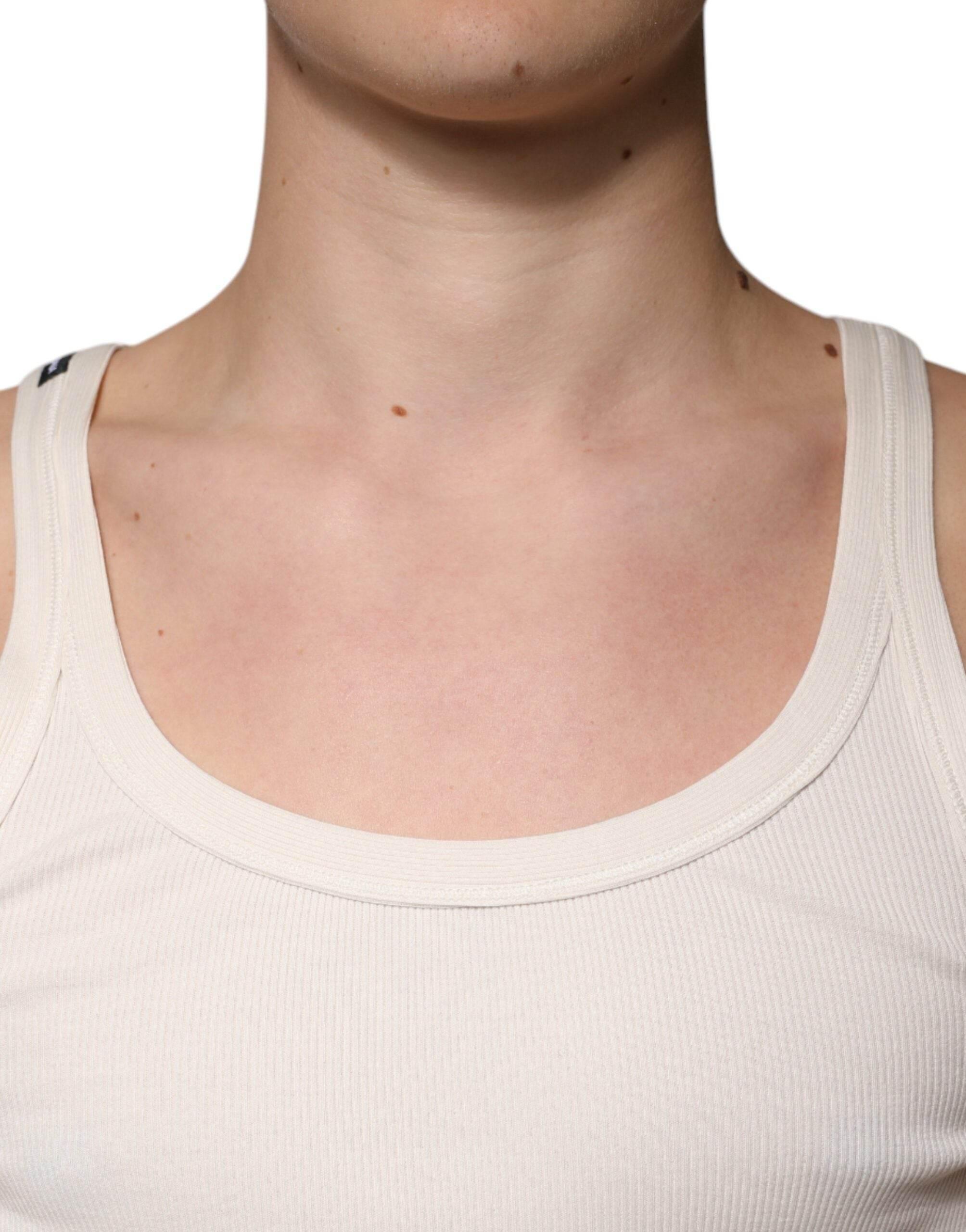 Dolce & Gabbana Off White Cotton Sleeveless Round Neck Tank T-shirt - Hilstor