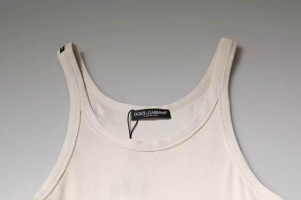 Dolce & Gabbana Off White Cotton Sleeveless Round Neck Tank T-shirt - Hilstor