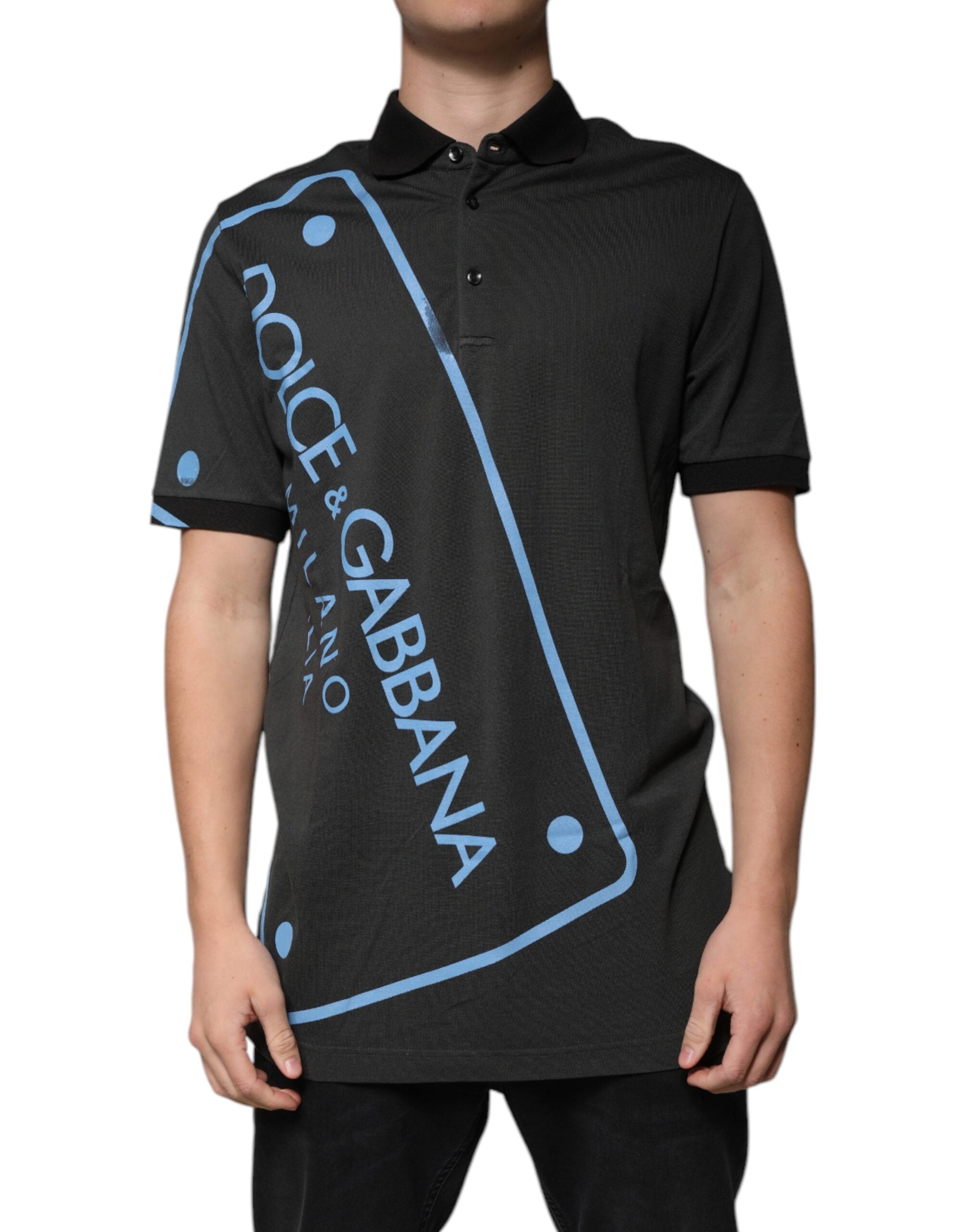 Dolce &amp; Gabbana T-shirt i sort logotryk med krave i bomuld