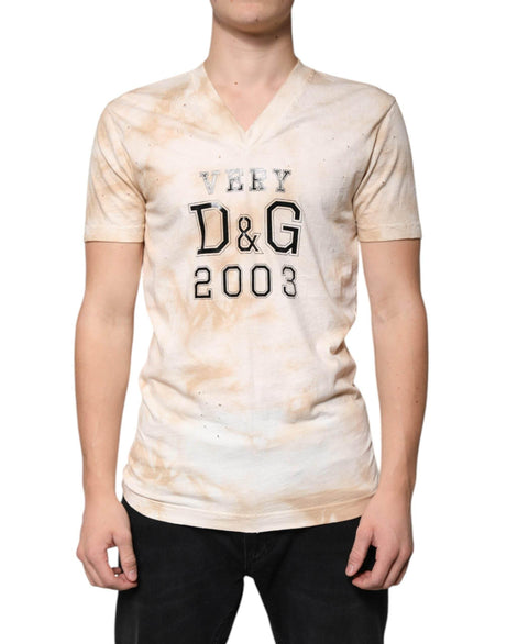 Dolce & Gabbana Beige Graphic Print Cotton V-neck T-shirt - Hilstor
