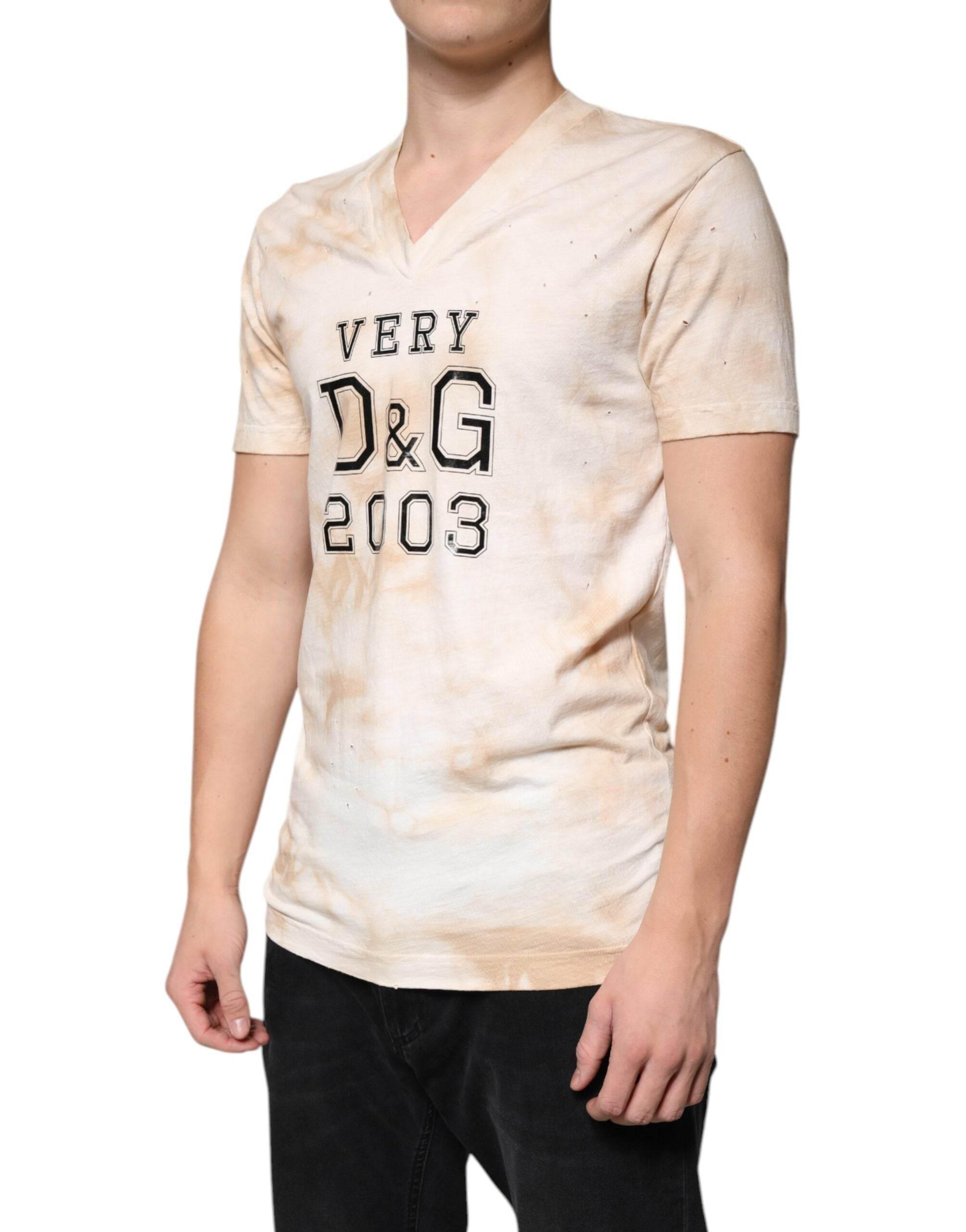 Dolce & Gabbana Beige Graphic Print Cotton V-neck T-shirt - Hilstor